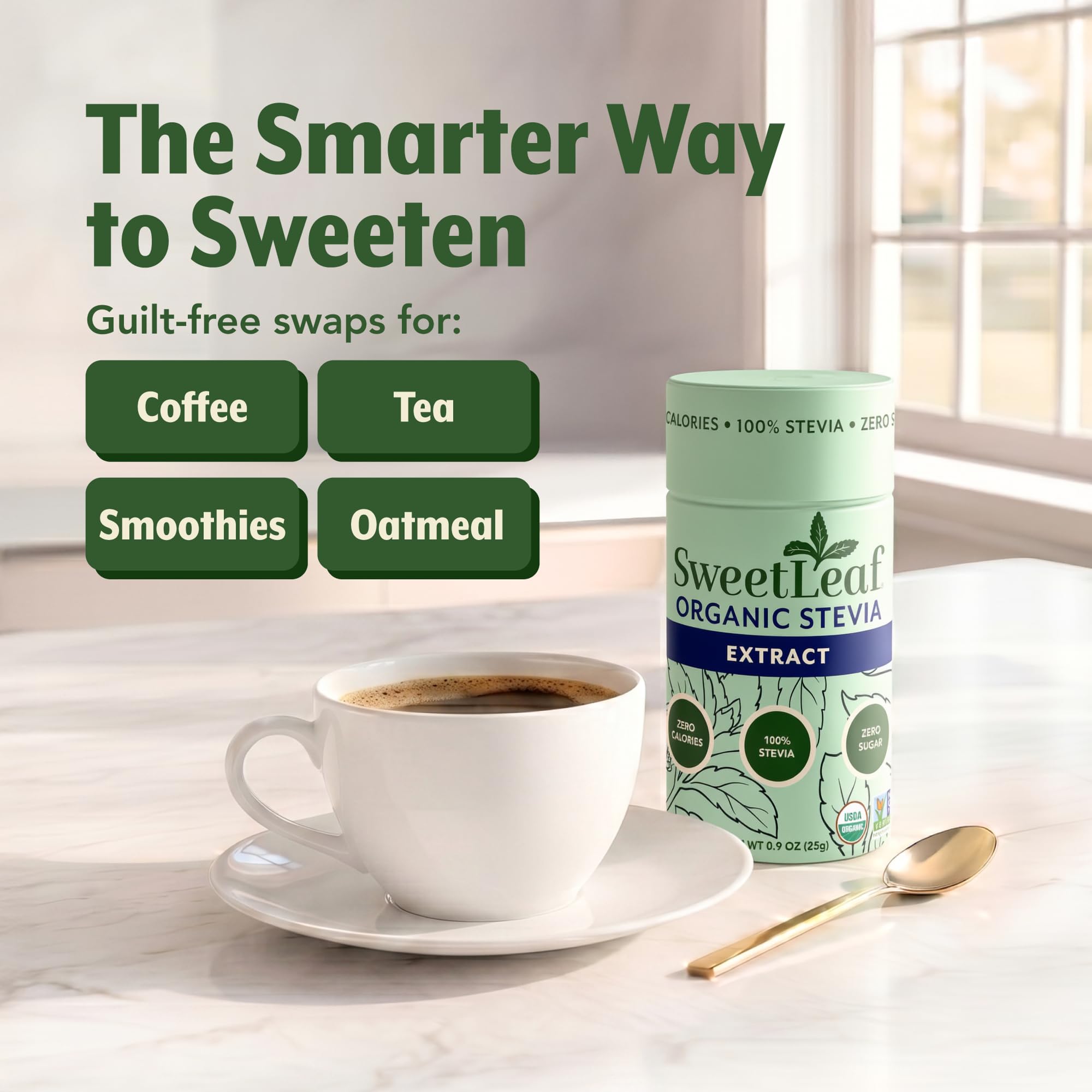 SweetLeaf Stevia Shaker Jar 91g with coffee