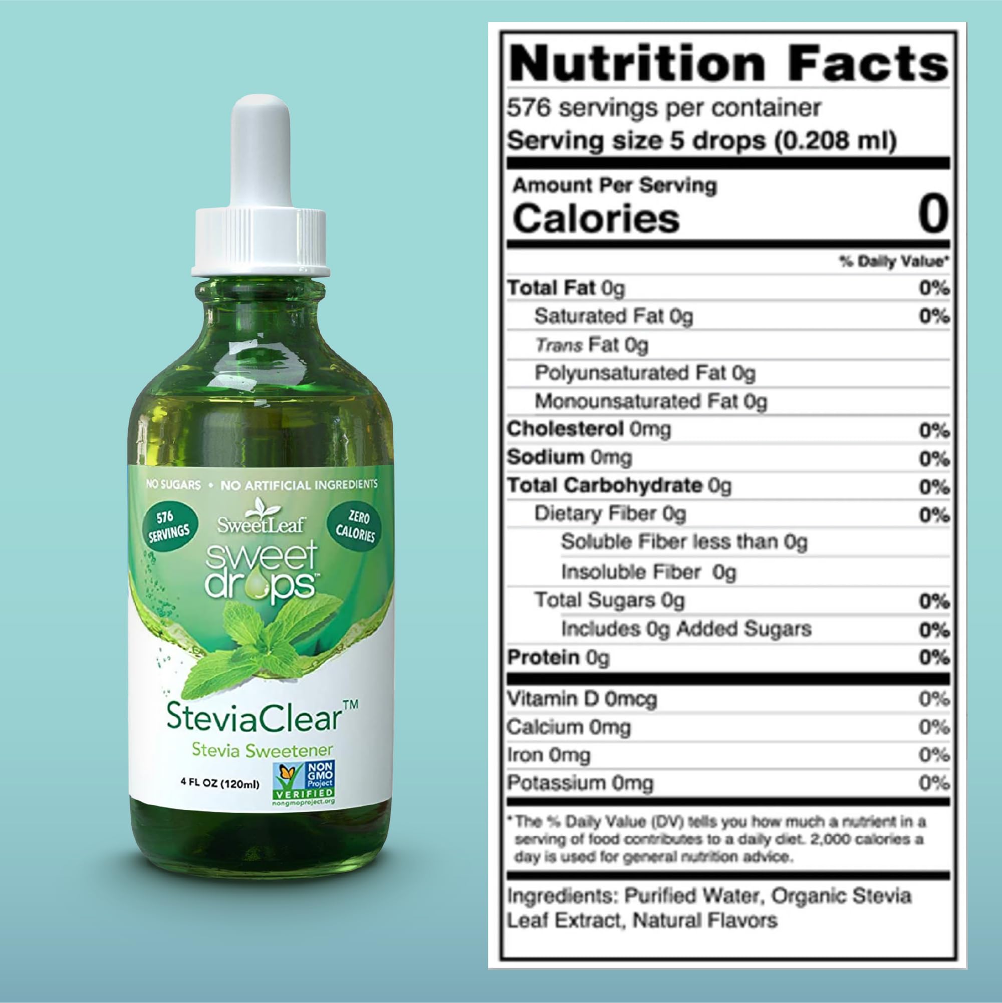 SweetLeaf SteviaClear Liquid Stevia Drops 4 oz bottle side view