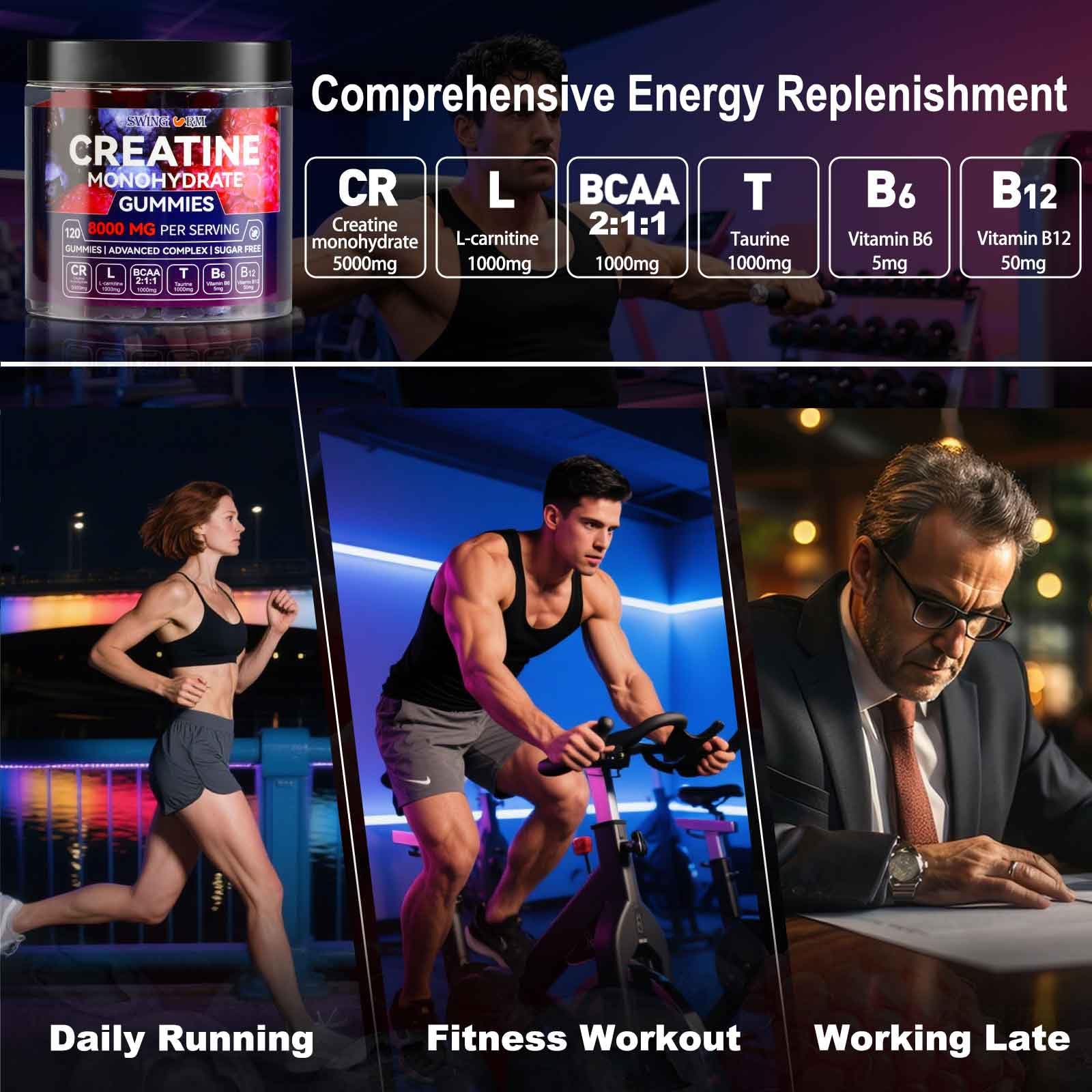 Swing Arm Creatine Monohydrate Gummies displayed with fitness accessories