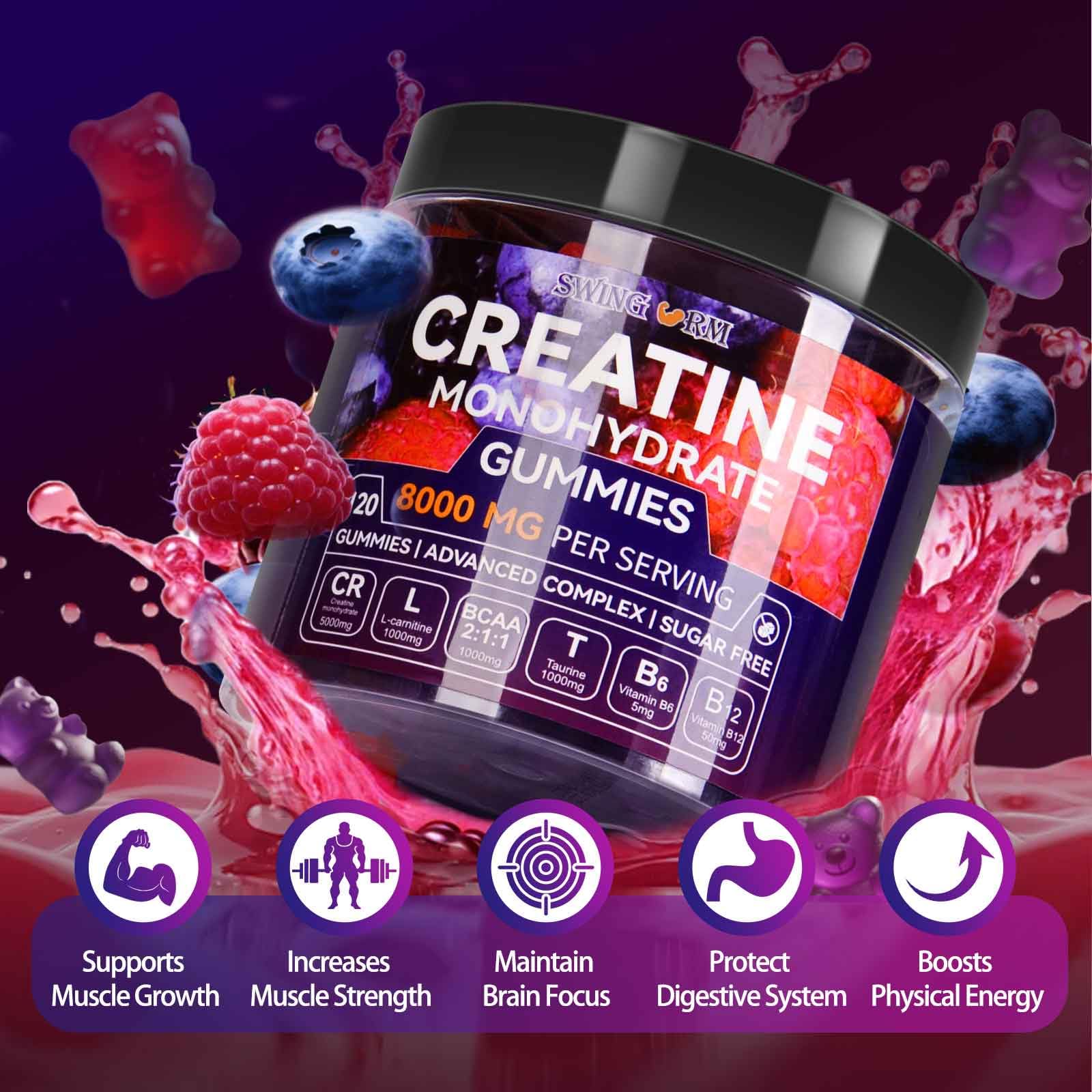 Swing Arm Creatine Monohydrate Gummies showing natural blueberry flavour