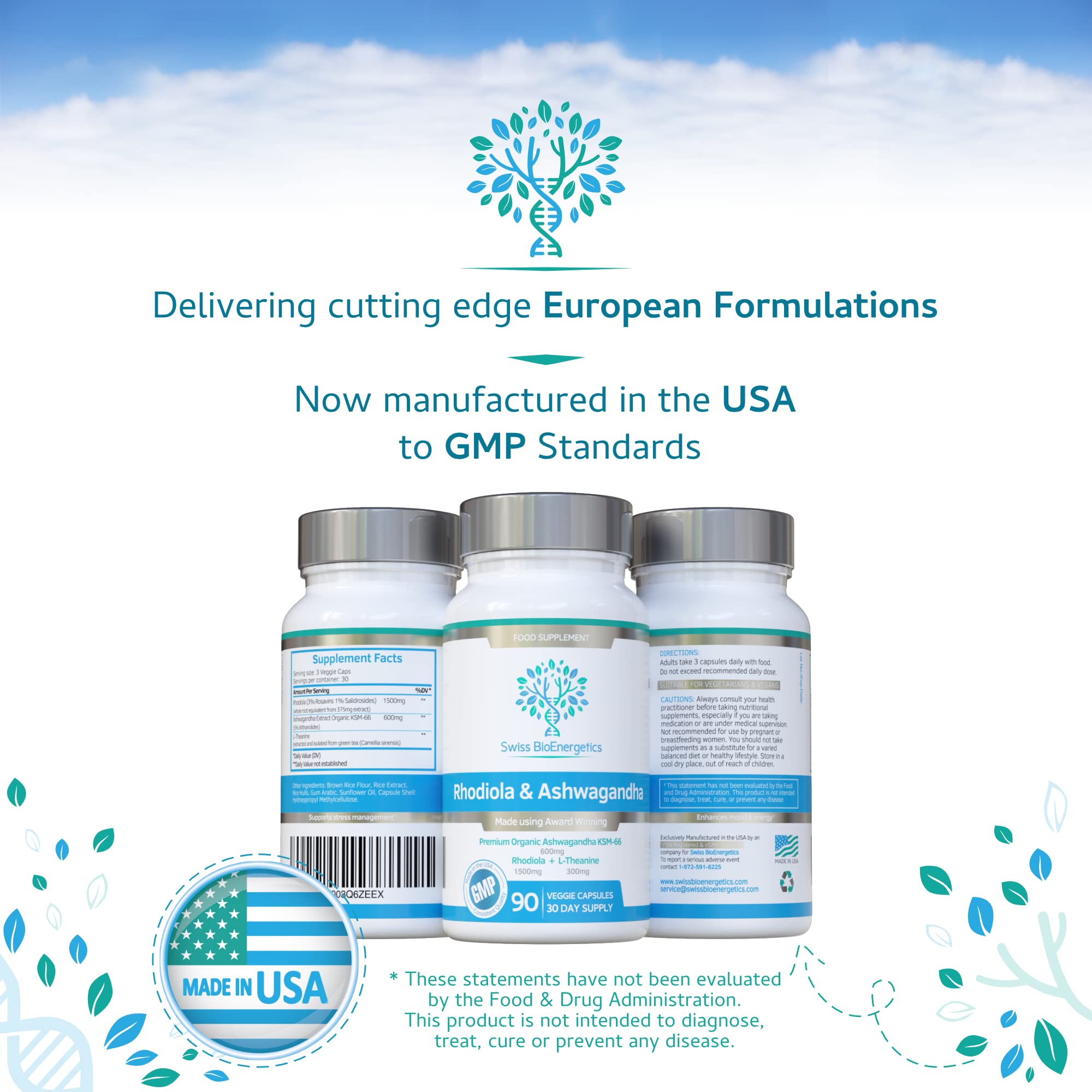 swiss bioenergetics Rhodiola & Ashwagandha Capsules on a wooden table