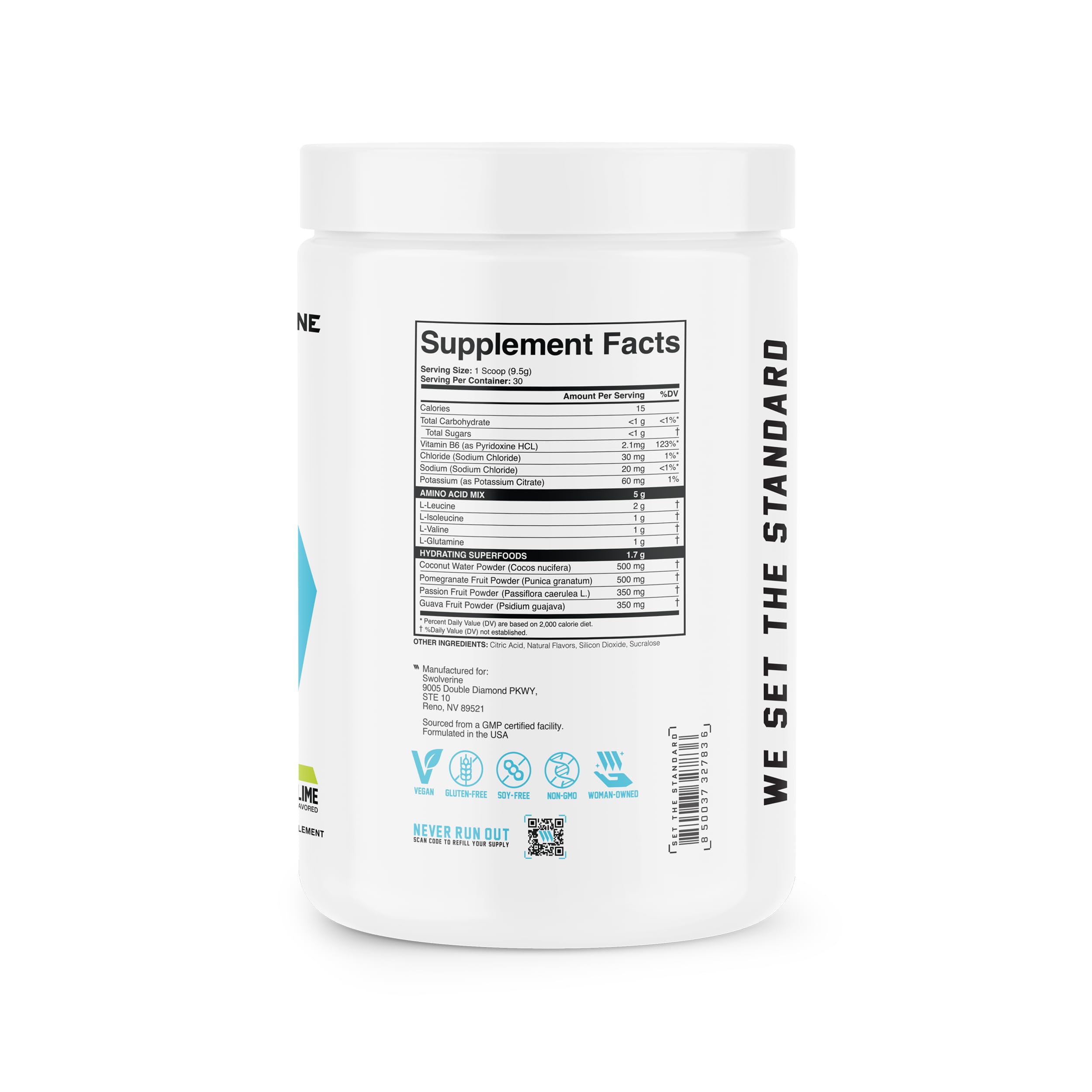 Swolverine BCAA Powder 285g lifestyle scene with shaker bottle