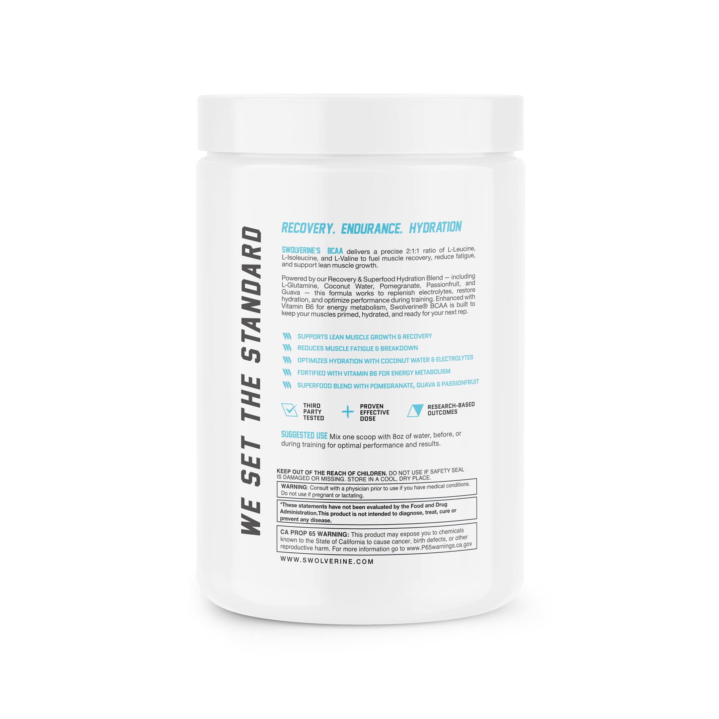 Swolverine BCAA Powder 285g side view showing nutritional information