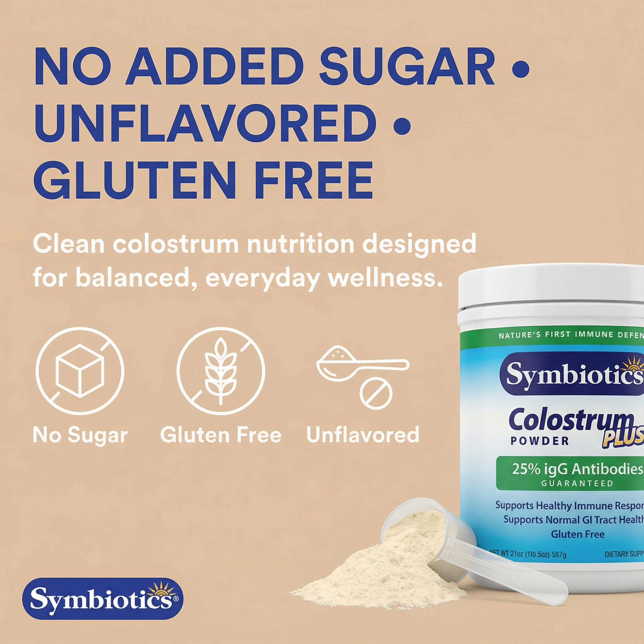 Symbiotics Bovine Colostrum Powder scoop with powder