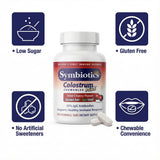 Symbiotics Colostrum Chewables 181g opened package showing chewable tablets
