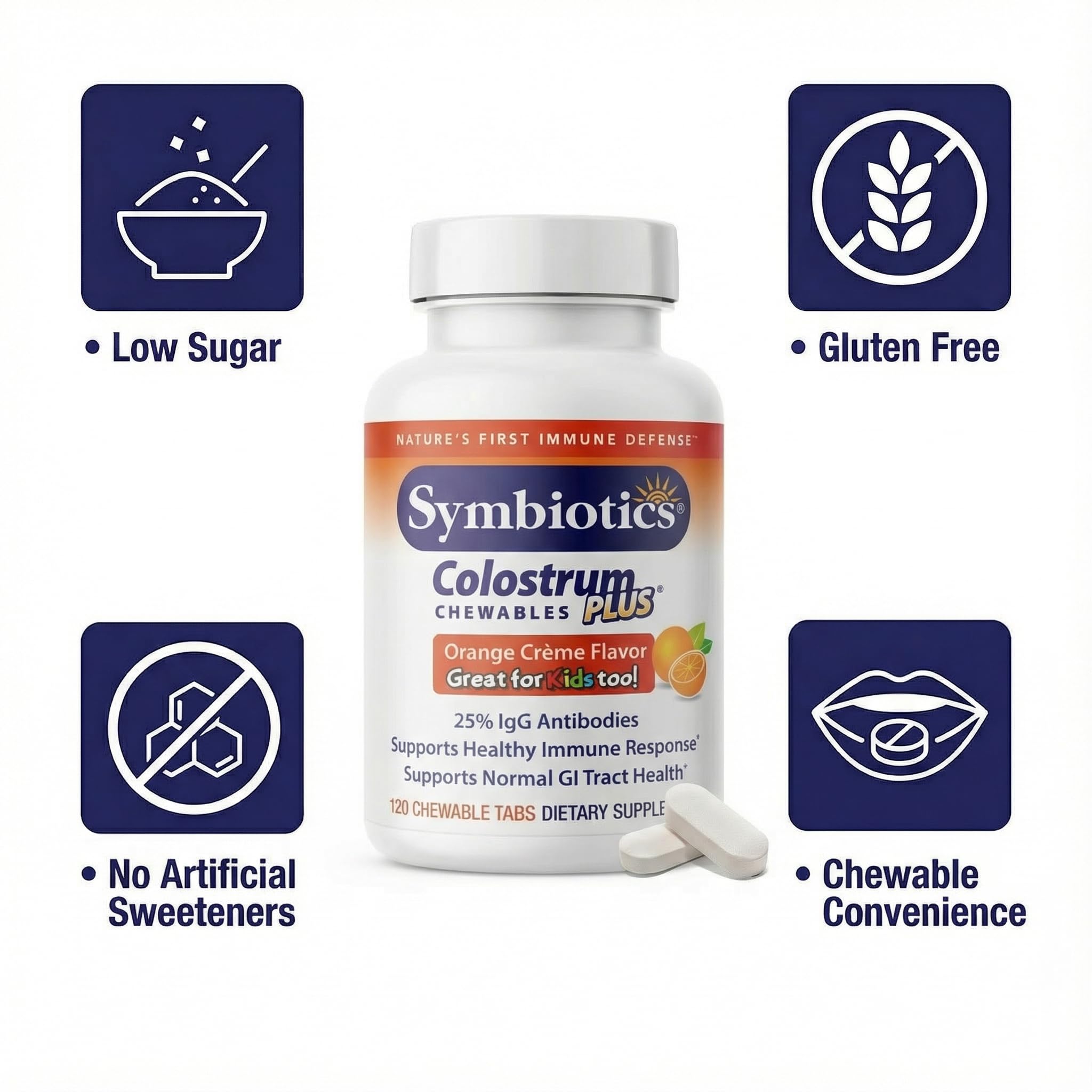 Symbiotics Colostrum Chewables natural orange flavour close-up