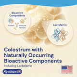 Symbiotics Colostrum Chewables with a measuring spoon for dosage