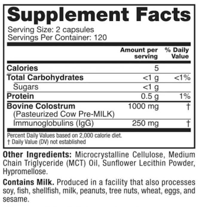 Symbiotics Colostrum Supplement 227g back view showing ingredients