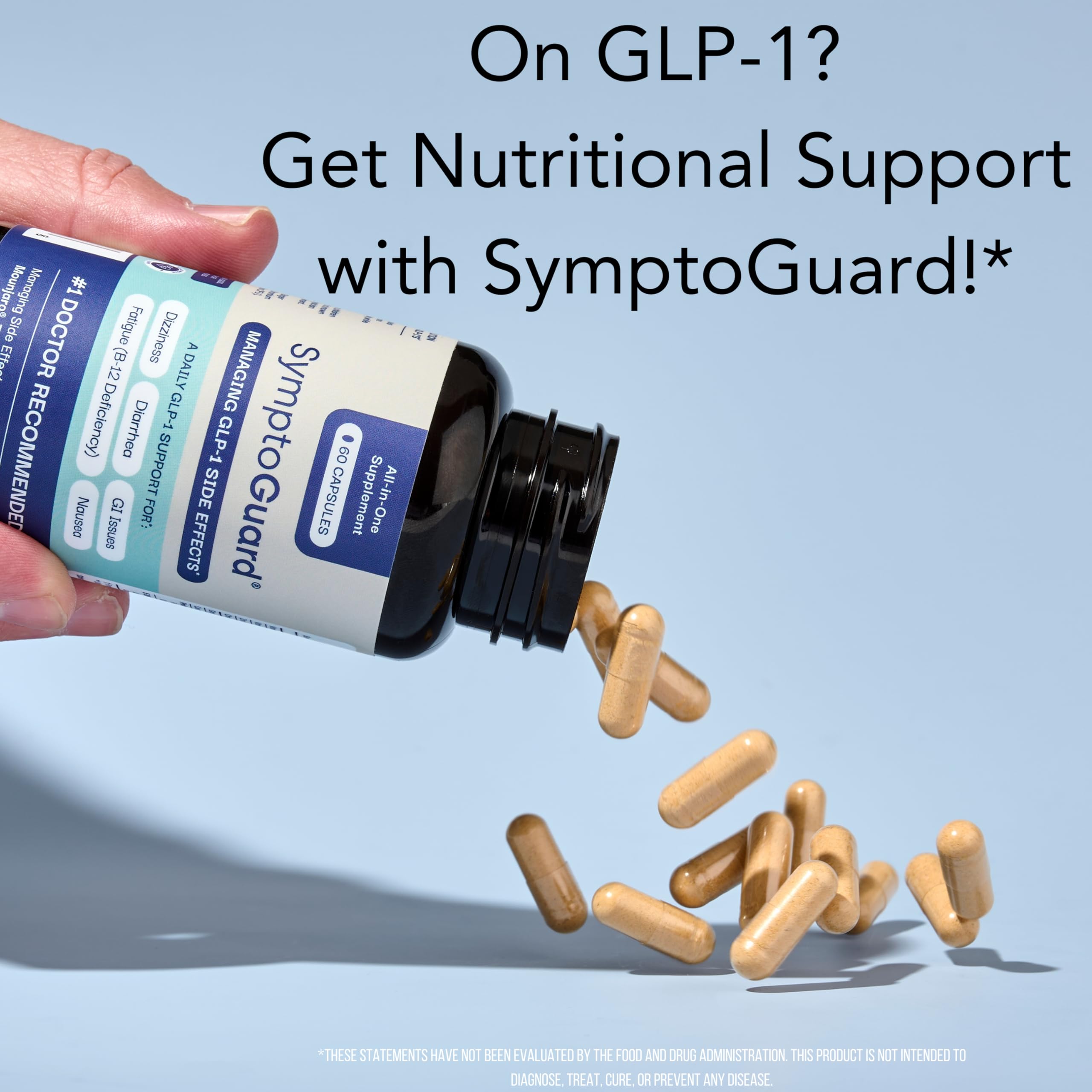 SymptoGuard GLP-1 daily Support Capsules on a kitchen counter