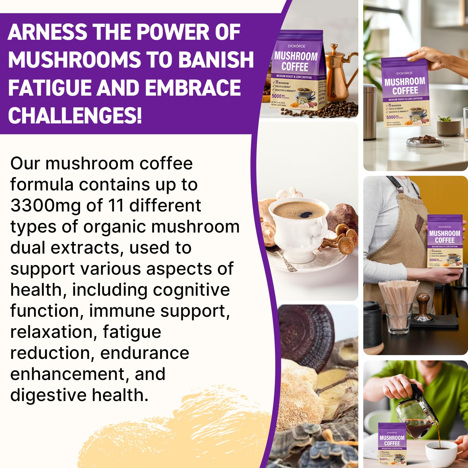Syokupoe Mushroom Coffee Blend 11 Mushrooms with coffee setup