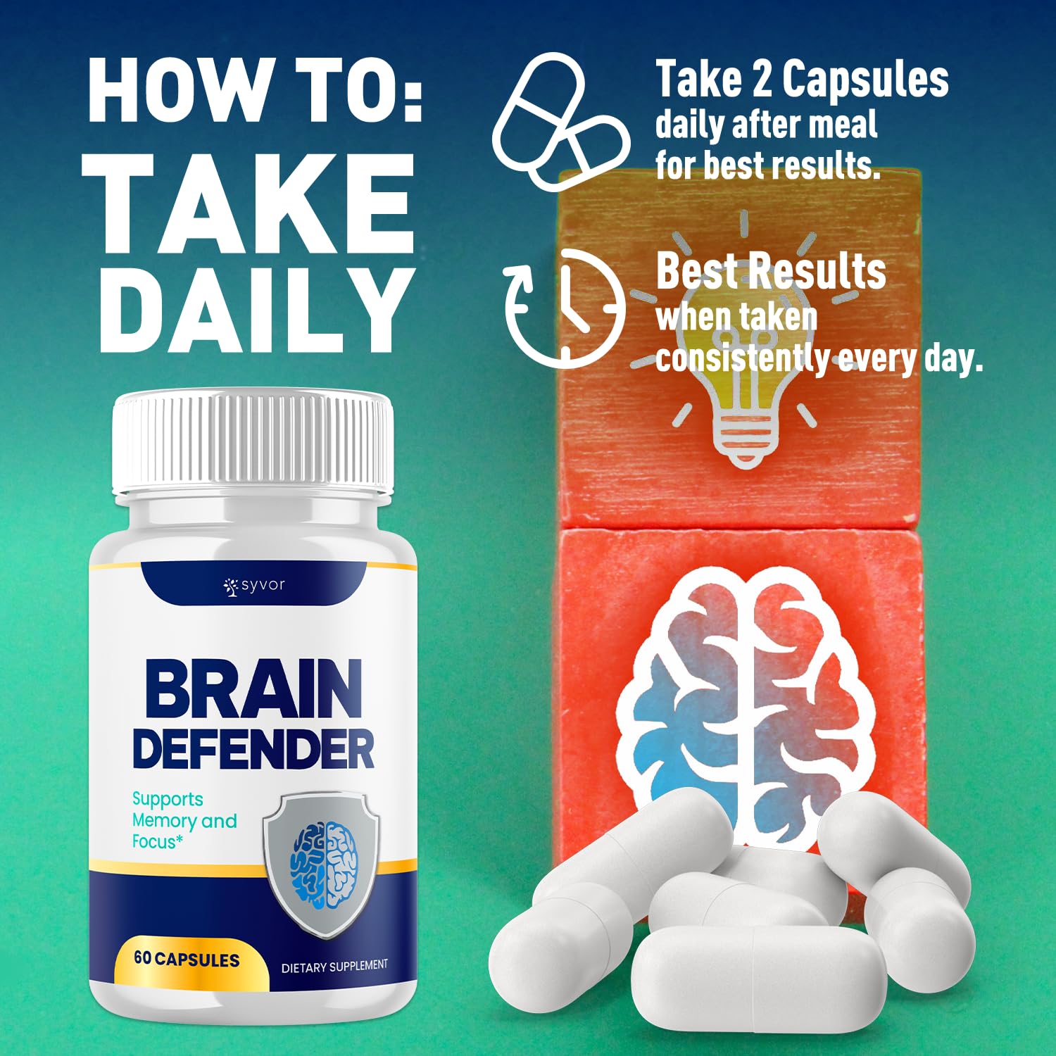 Syvor Brain Defender Capsules on a wooden surface