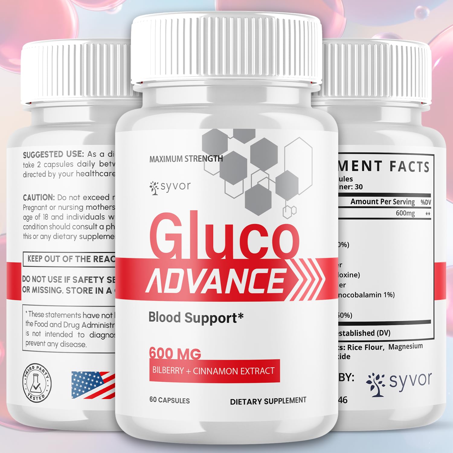 Syvor Gluco Advance Capsules side view showing label