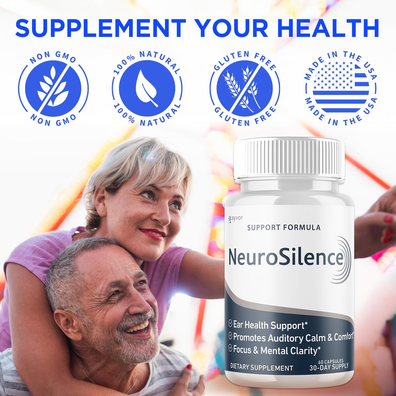 Syvor Neurosilence Capsules on a wooden table with a glass of water