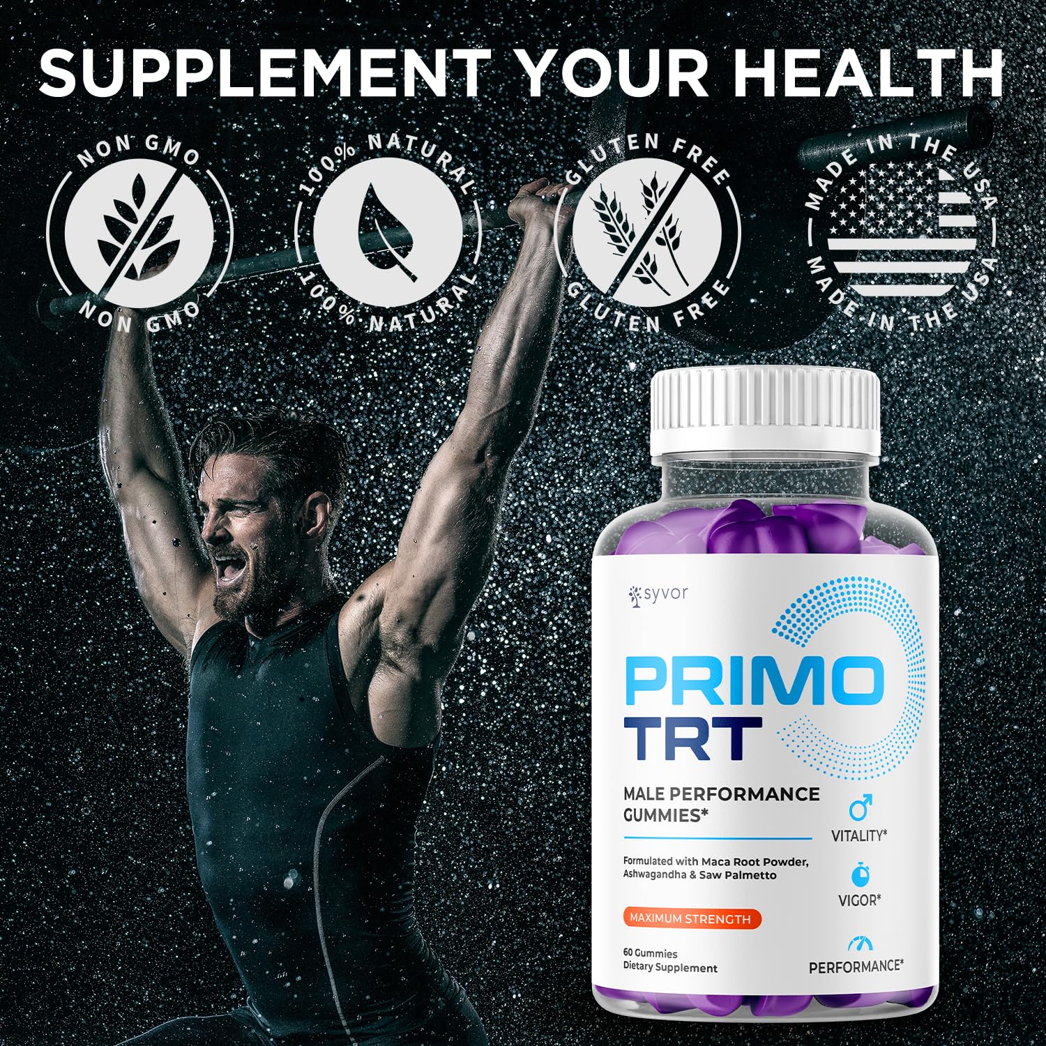 Syvor PrimoTRT Gummies bottle with a measuring spoon
