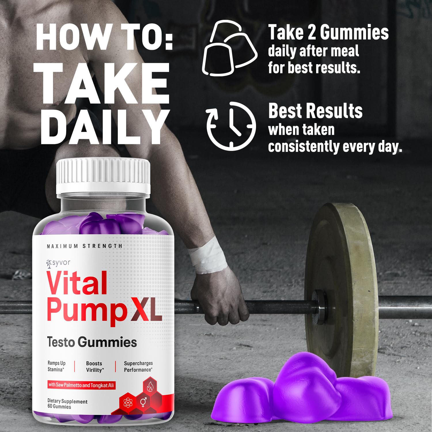Syvor Vital Pump XL Chewable Gummies with a measuring spoon