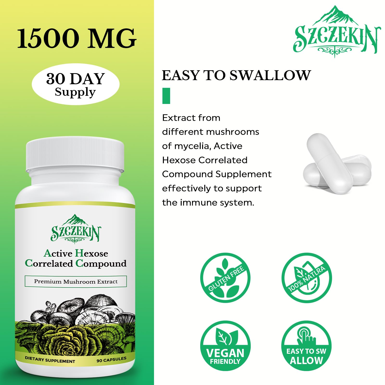 SZCZEKIN Active Hexose Correlated Compound 1500mg capsules on a wooden table