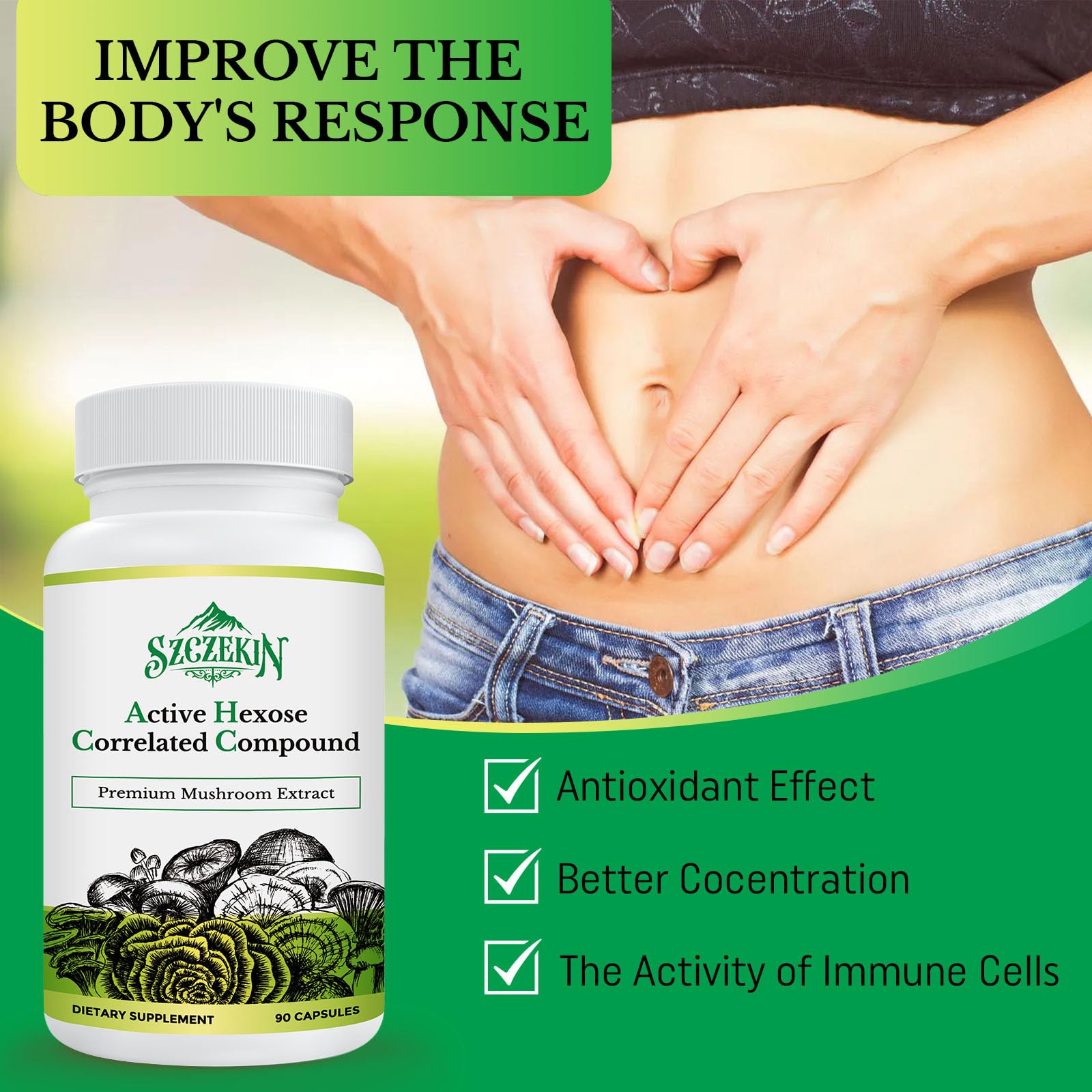 SZCZEKIN Active Hexose Correlated Compound 1500mg supplement capsules in hand