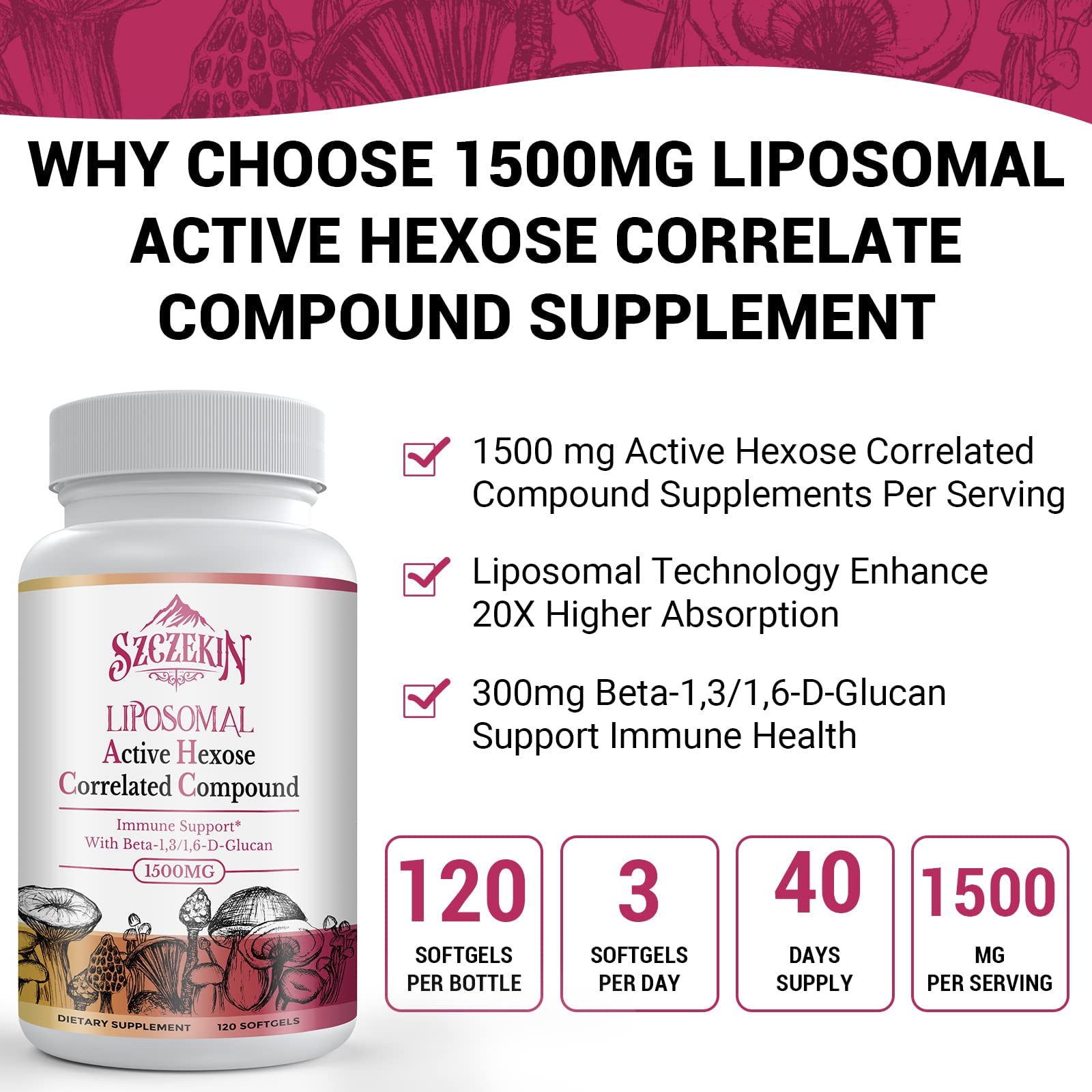 SZCZEKIN Liposomal Active Hexose Correlated Compound Supplement bottle with soft gels