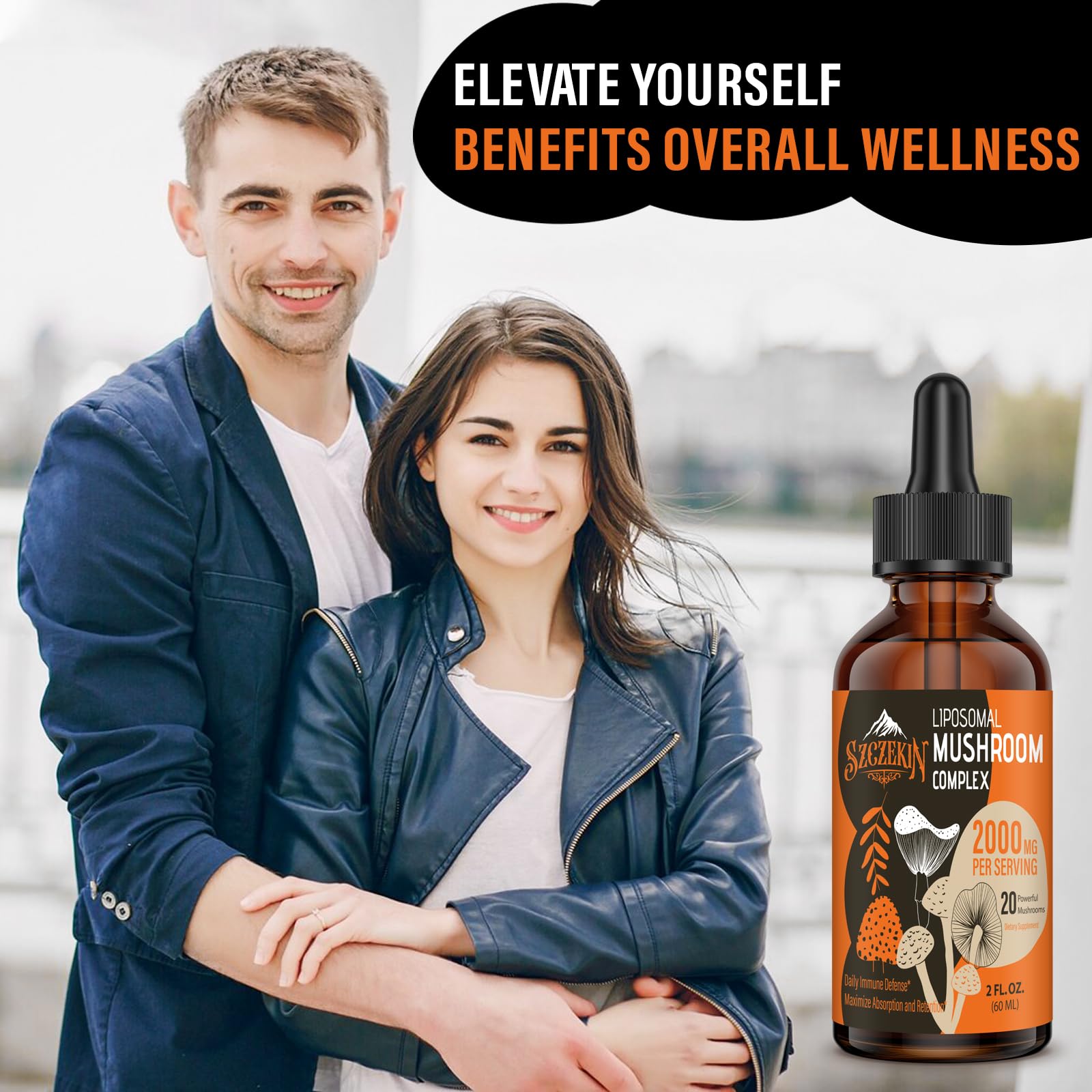 SZCZEKIN Liposomal Mushroom Drops with mushrooms on a table