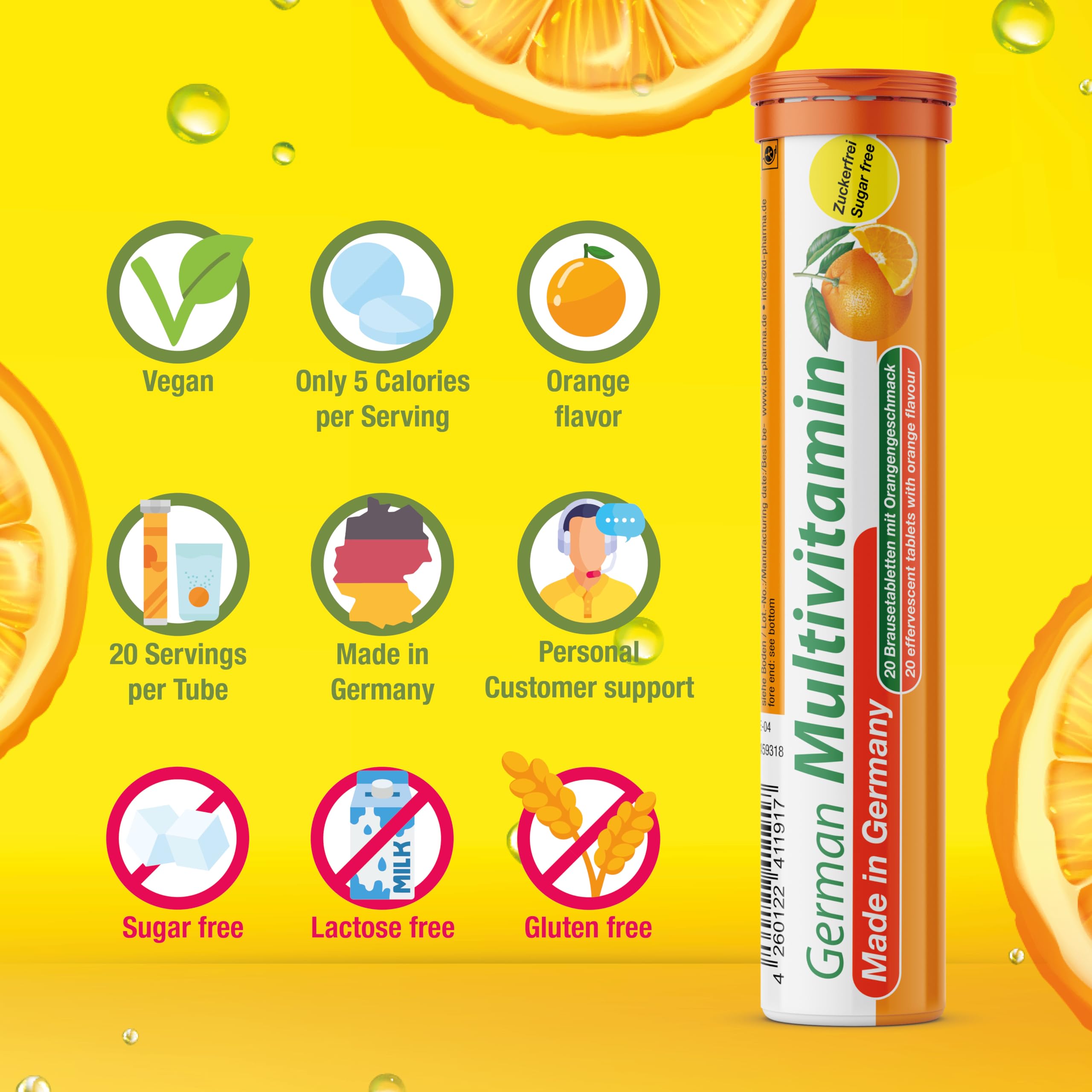 T&D Multivitamin effervescent tablets in a glass of water