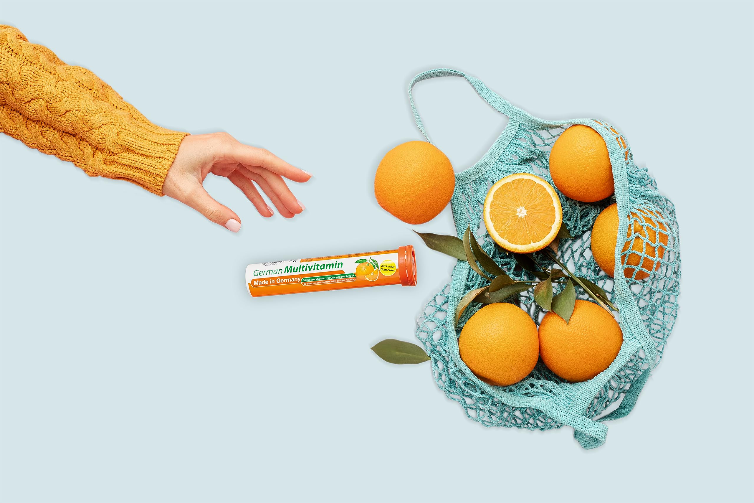 T&D Multivitamin effervescent tablets on a kitchen counter