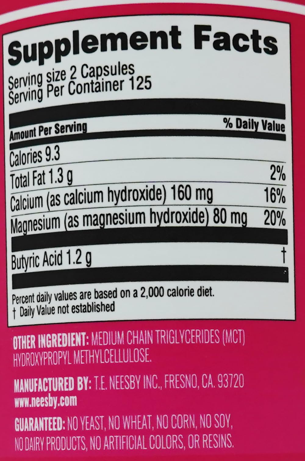 T.E.Neesby Butyrex Cal/Mag 600 mg serving size information