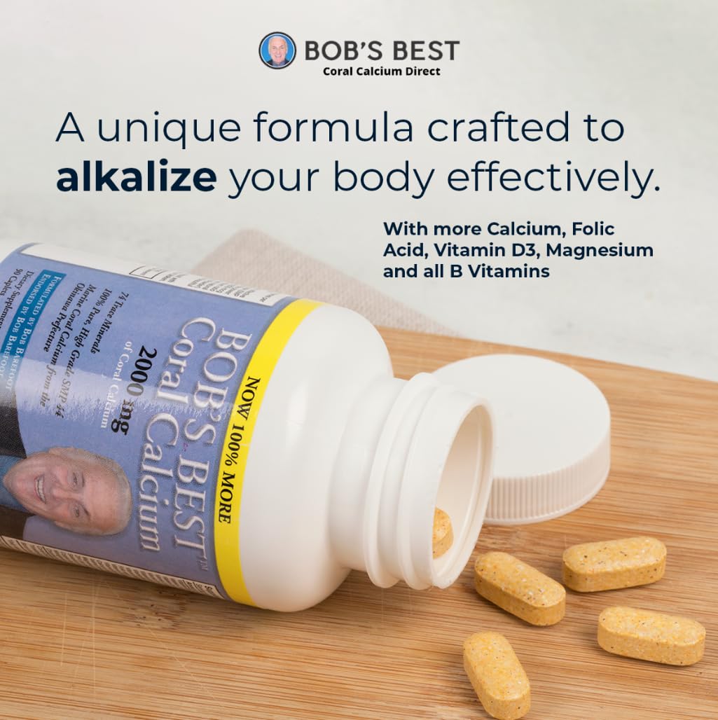 Tablets of BOB'S BEST Coral Calcium on a wooden surface