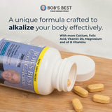 Tablets of BOB'S BEST Coral Calcium on a wooden surface