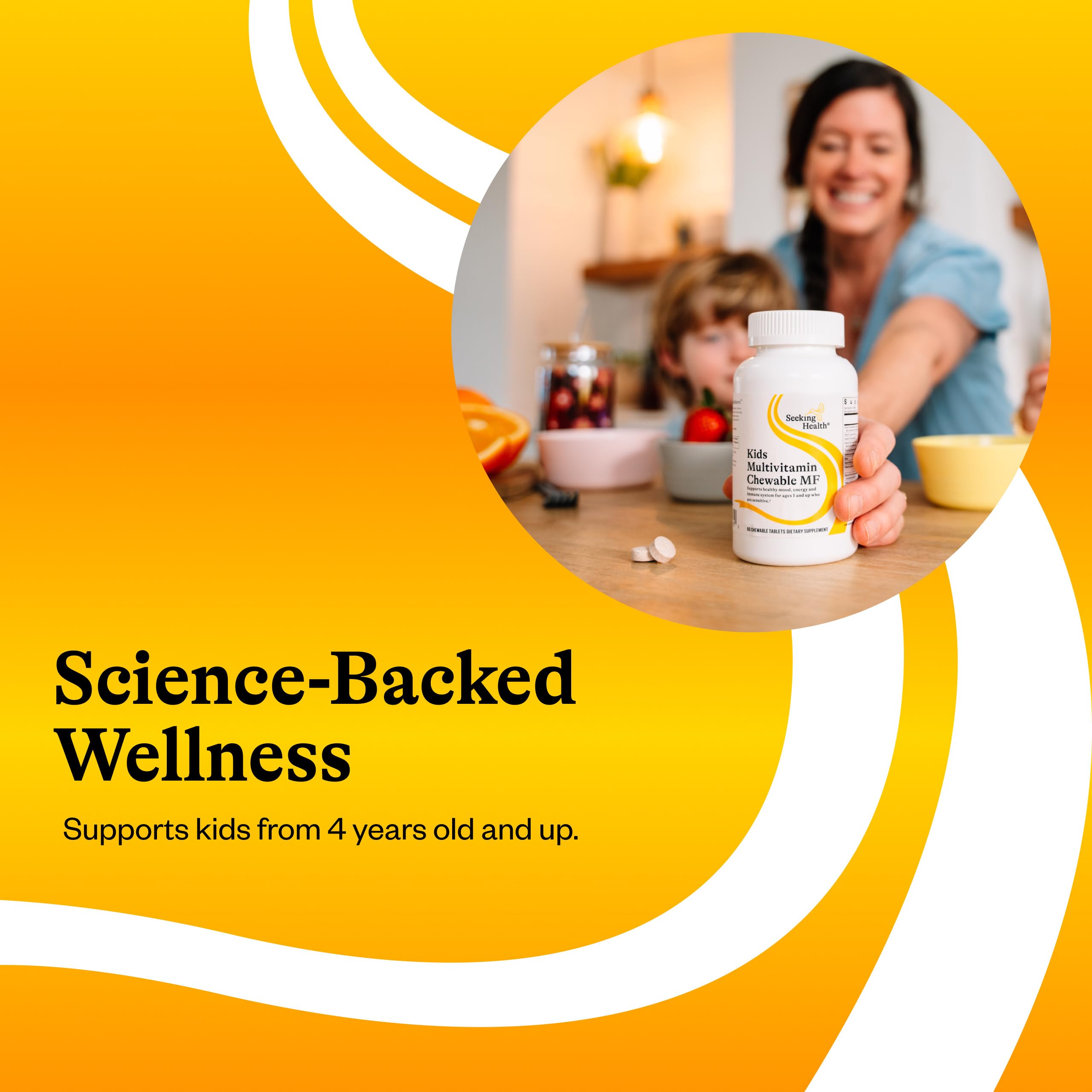 Tablets of Seeking Health Kids Multivitamin Chewable MF on a table