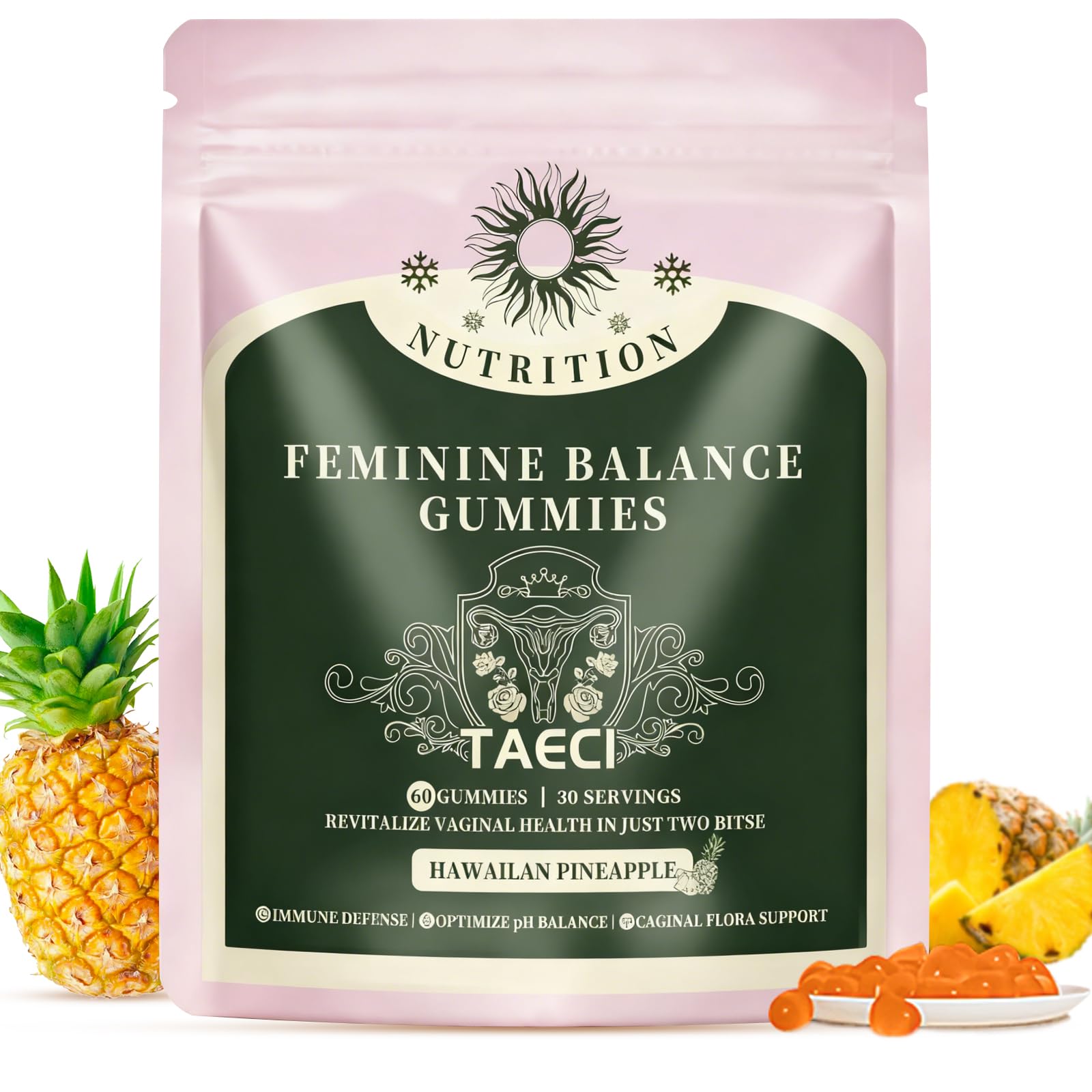 Taeci Daily Feminine Balance Gummies front view with packaging