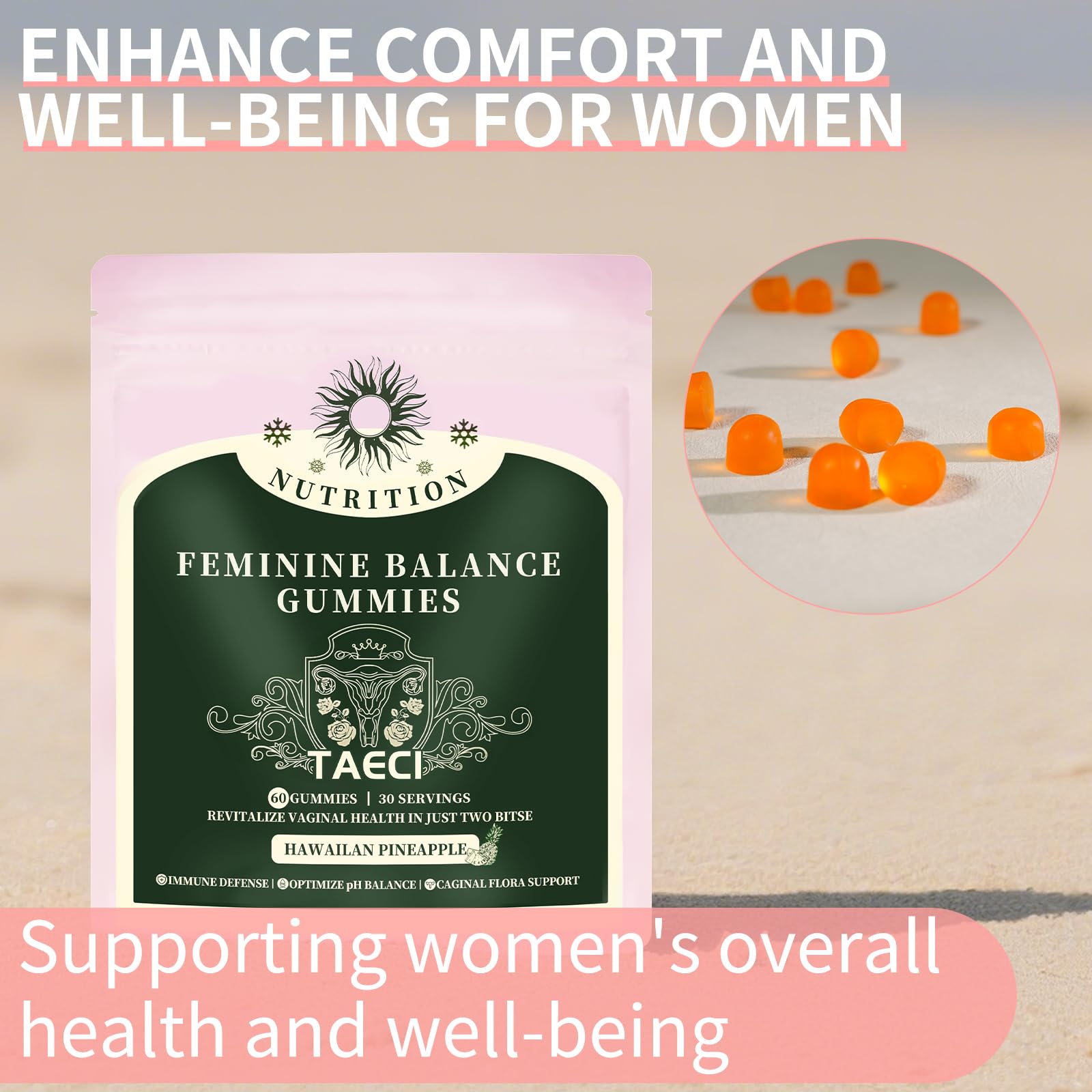 Taeci Daily Feminine Balance Gummies ingredients list on packaging