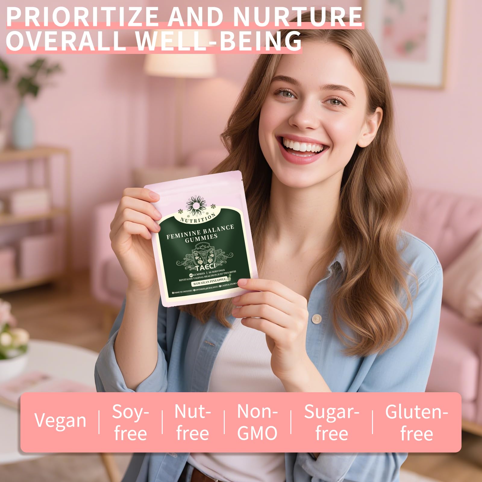 Taeci Daily Feminine Balance Gummies showing gummies in hand