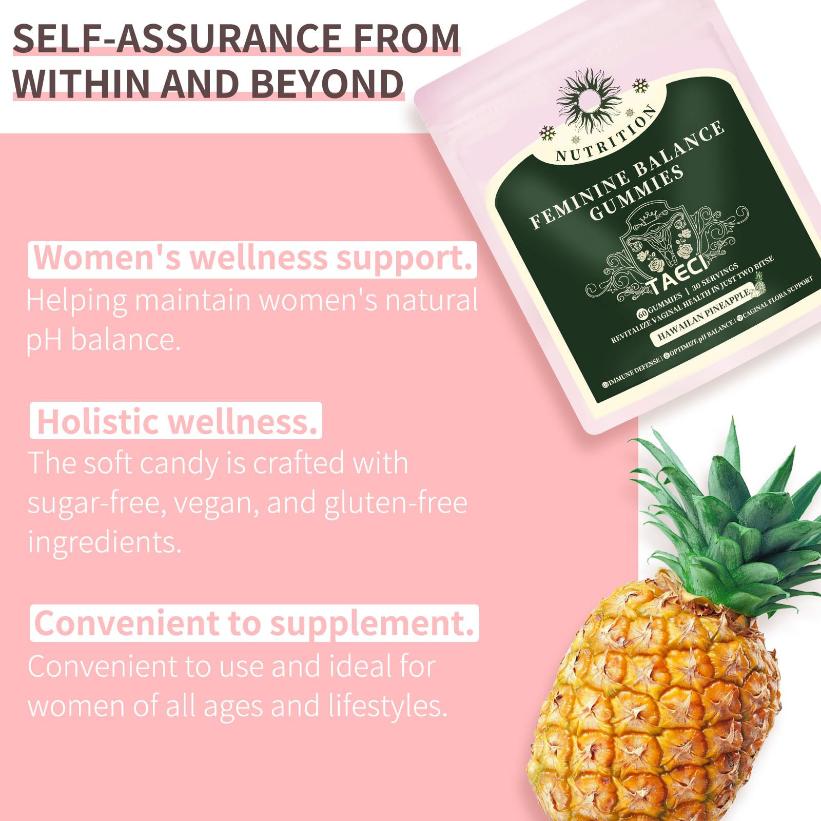 Taeci Daily Feminine Balance Gummies with fresh pineapple