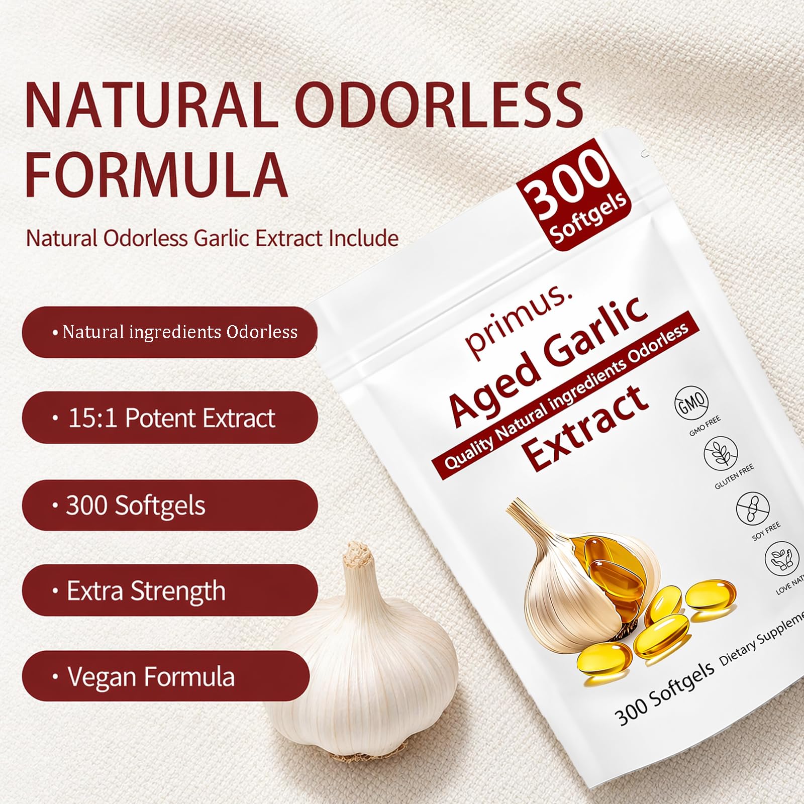 TAFUTY Odorless Garlic Softgels 150g back view with ingredient list