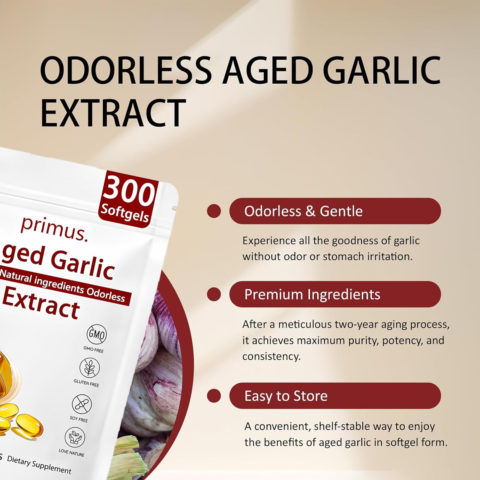 TAFUTY Odorless Garlic Softgels 150g lifestyle scene with bottle
