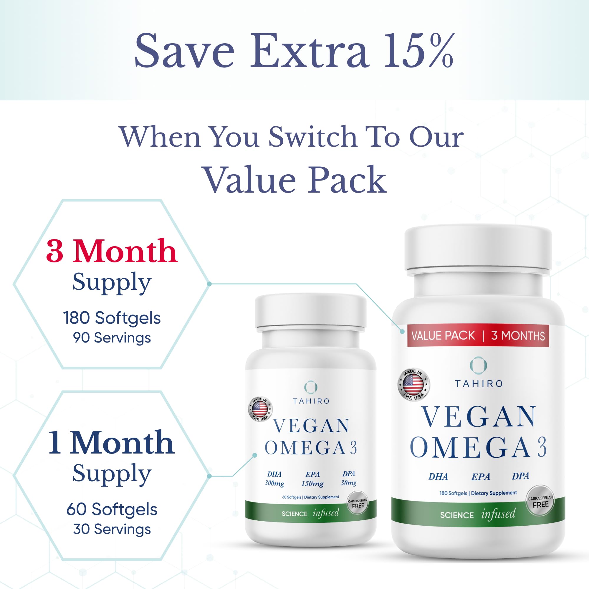 TAHIRO Omega-3 Softgels displayed with other supplements