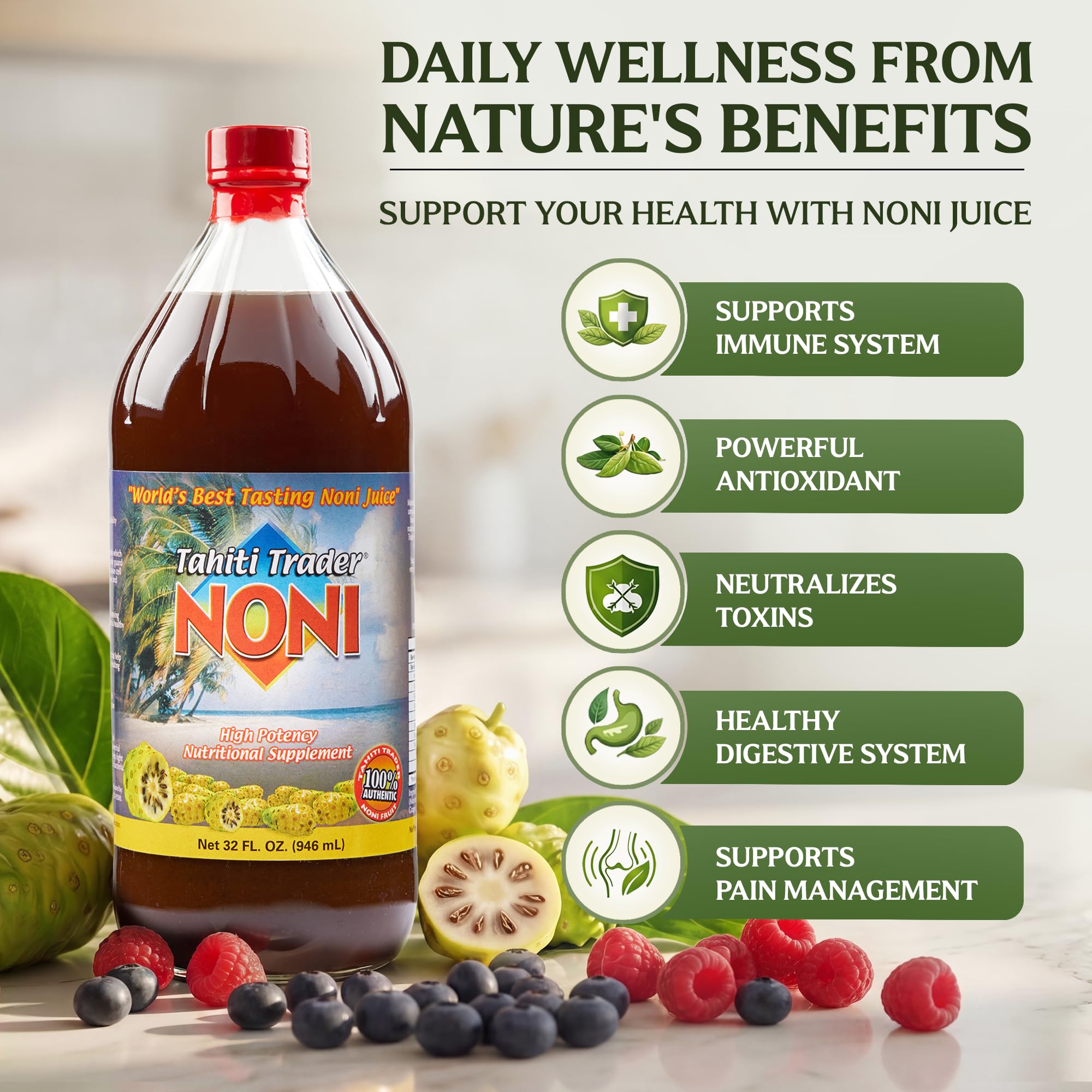 Tahiti Trader Noni Juice Organic 100% Pure 907g bottle side view