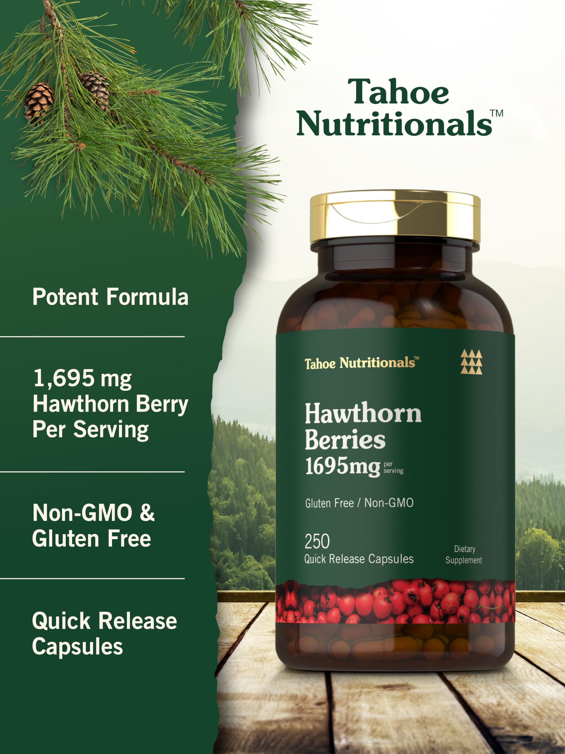 Tahoe Nutritionals Hawthorn Berry capsules on a wooden table