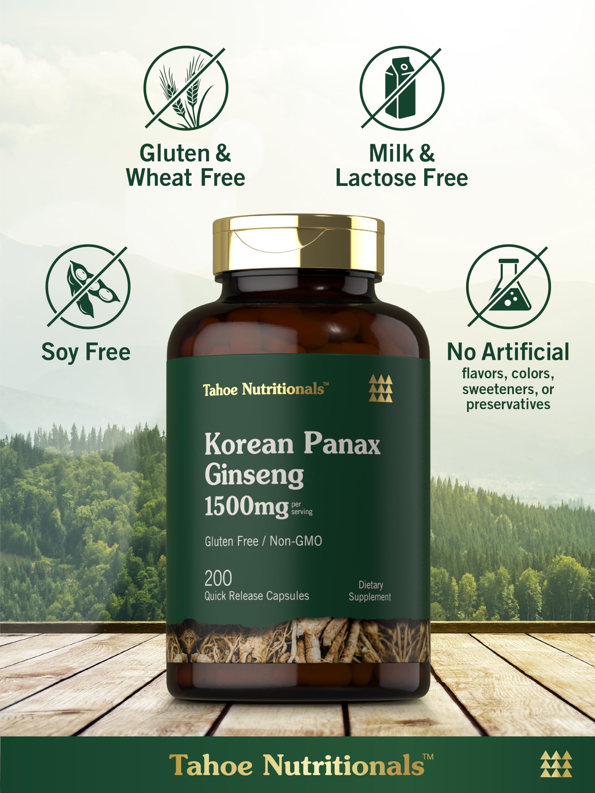 Tahoe Nutritionals Korean Ginseng Extract 1500mg capsules on a wooden table