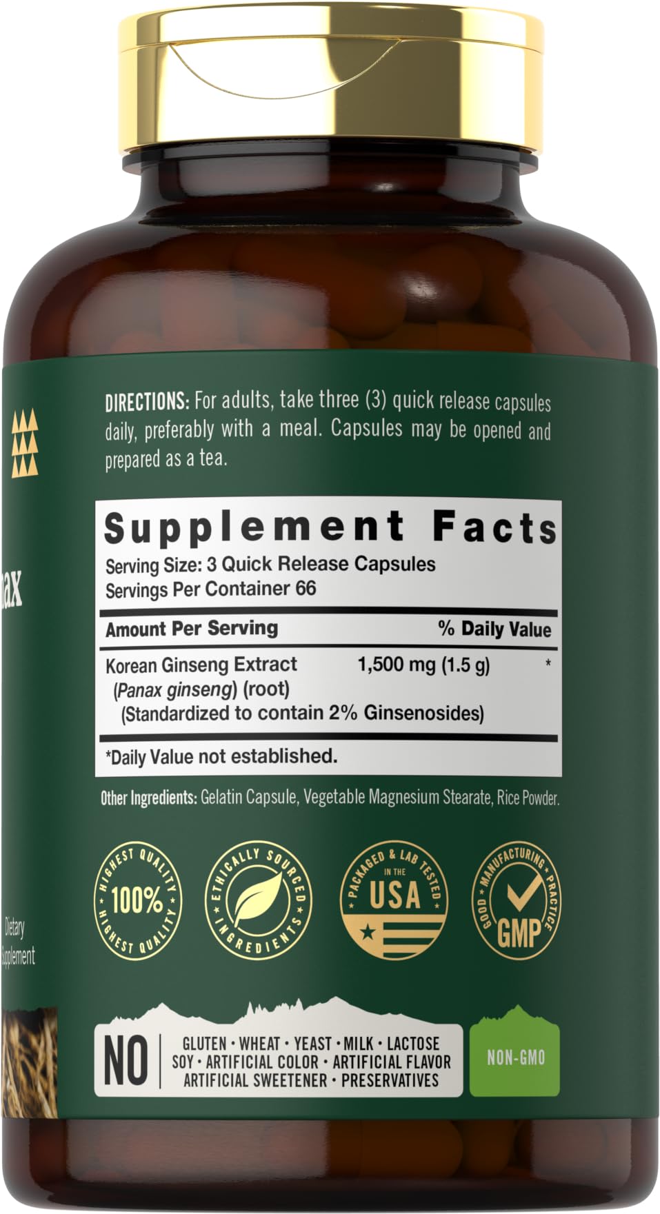 Tahoe Nutritionals Korean Ginseng Extract 1500mg capsules side view