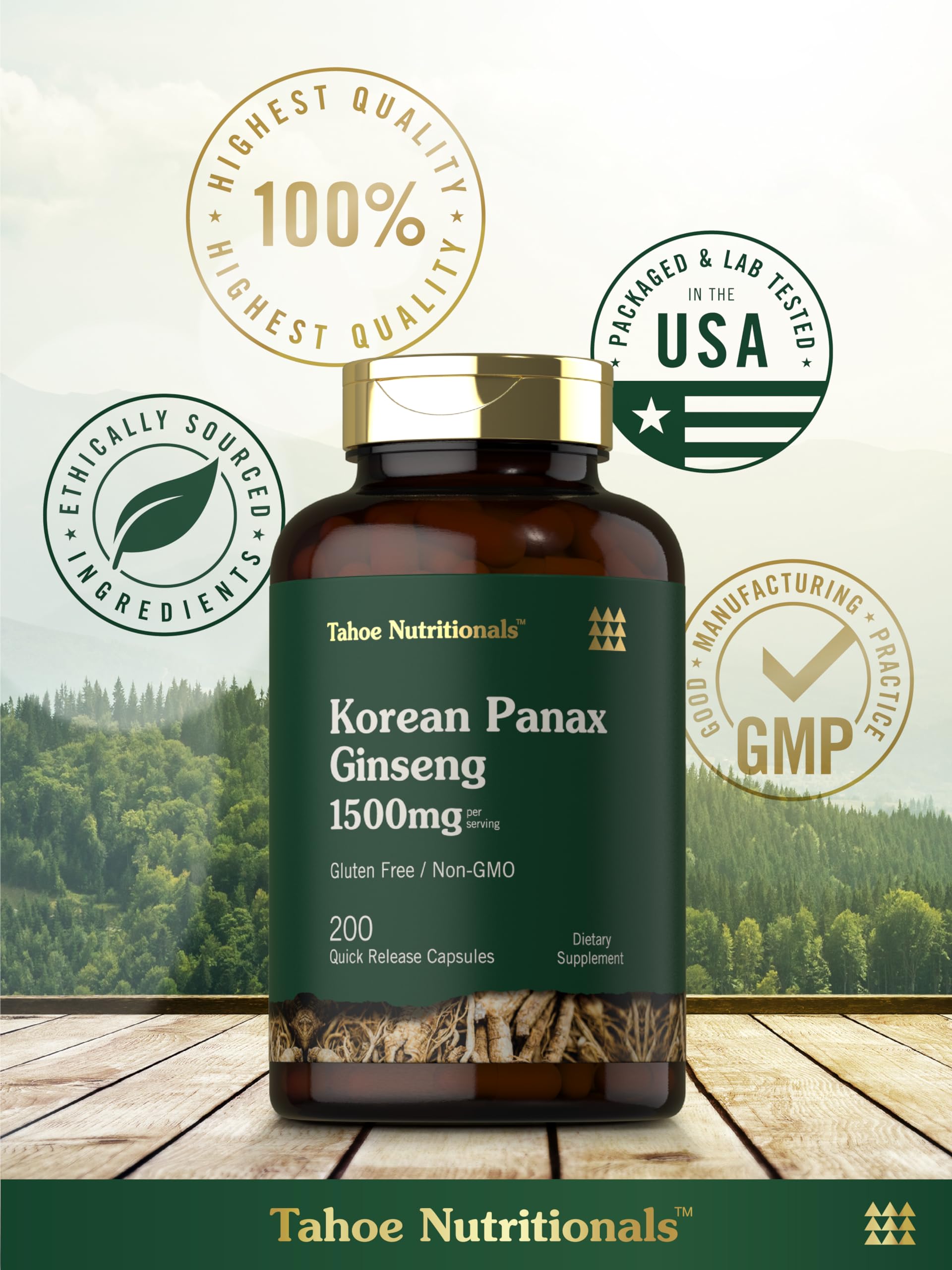 Tahoe Nutritionals Korean Ginseng Extract 1500mg capsules with herbal background