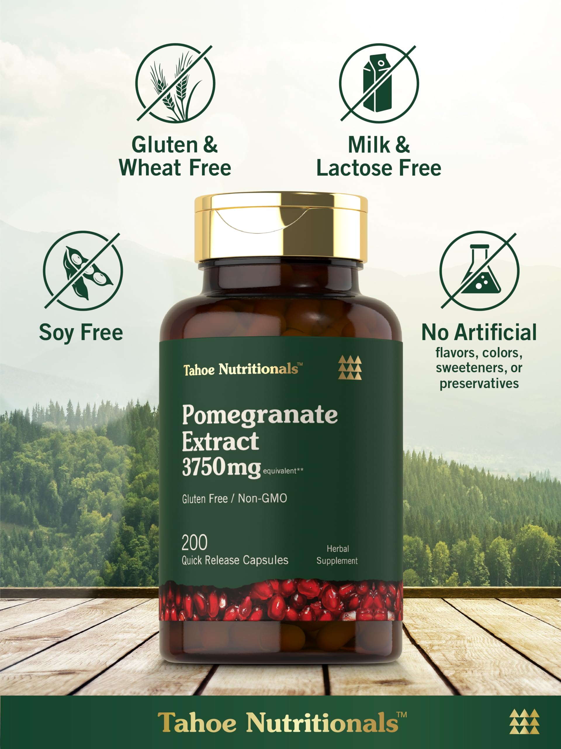 Tahoe Nutritionals Pomegranate Extract Capsules on a wooden table
