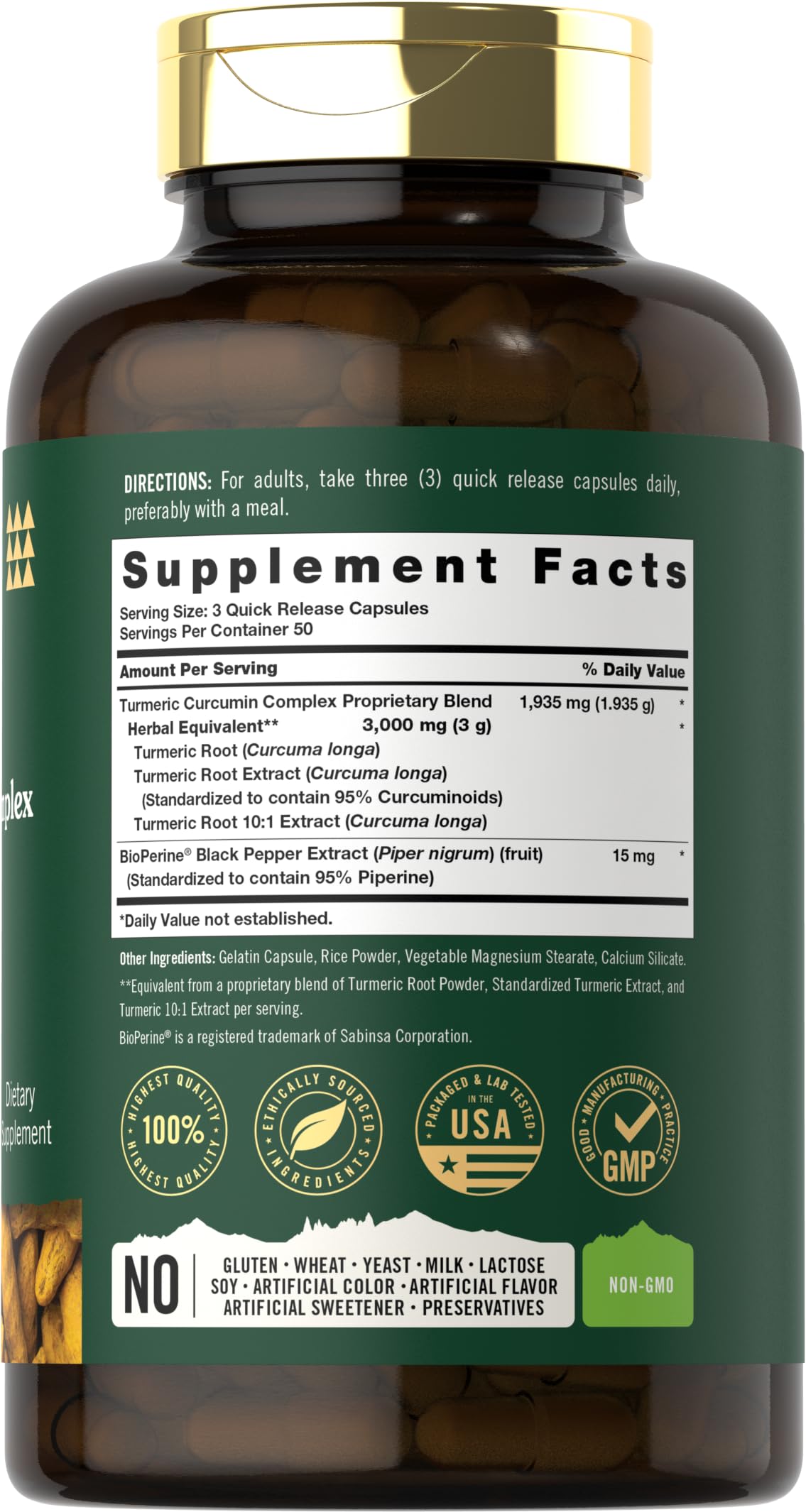 Tahoe Nutritionals Turmeric Curcumin Capsules back view