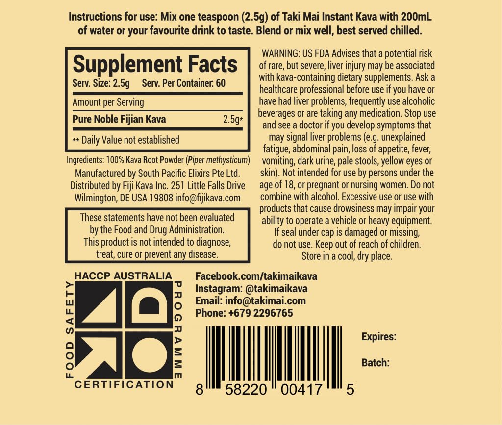 Taki Mai Kava Kava Herbal Supplement 159g packaging details