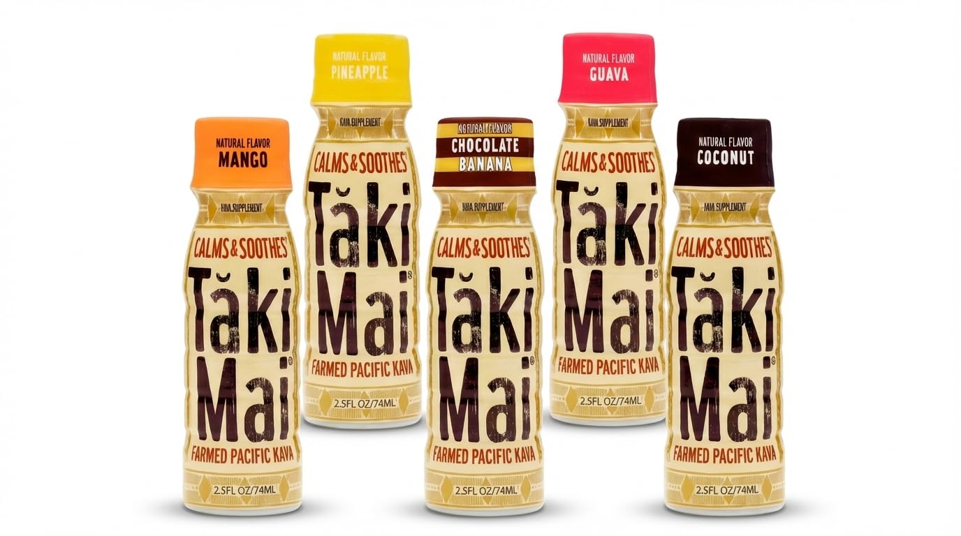 Taki Mai Kava Kava Shots bottle with refreshing drink