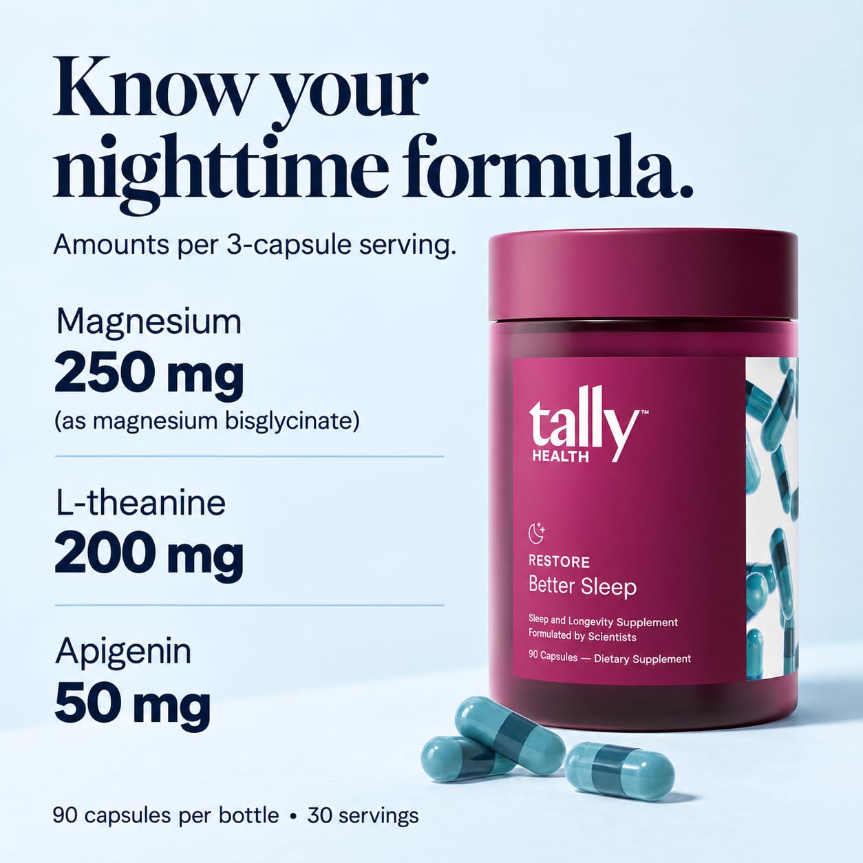 Tally Health Restore Melatonin-Free 90 Capsules bottle with label