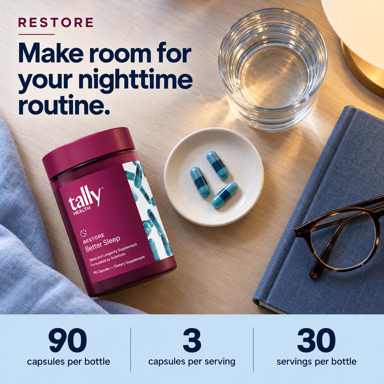 Tally Health Restore Melatonin-Free 90 Capsules with three capsules laid out