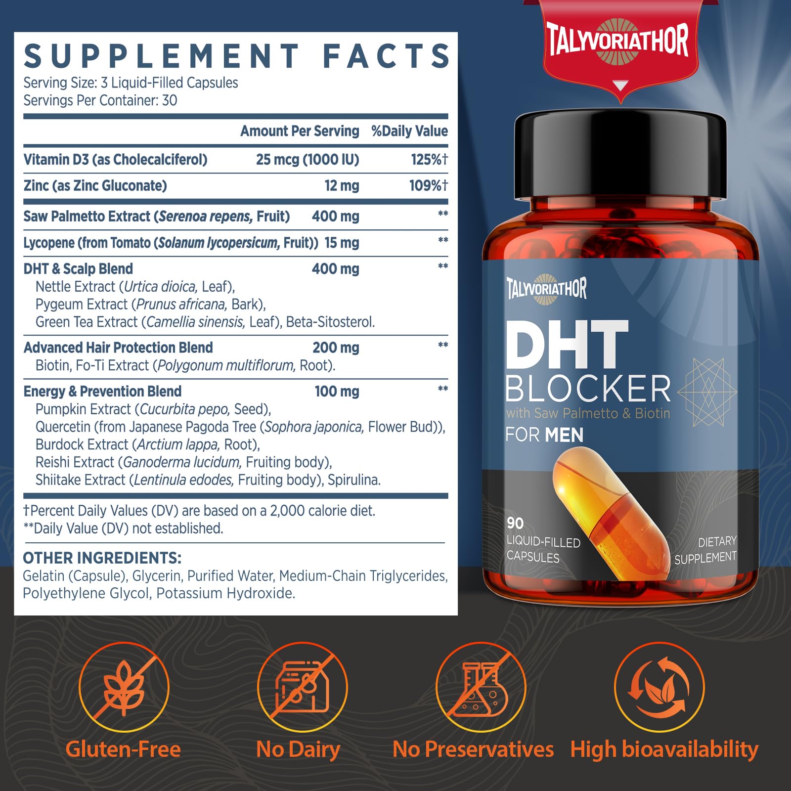 Talyvoriathor Saw Palmetto DHT Blocker Capsules bottle side view