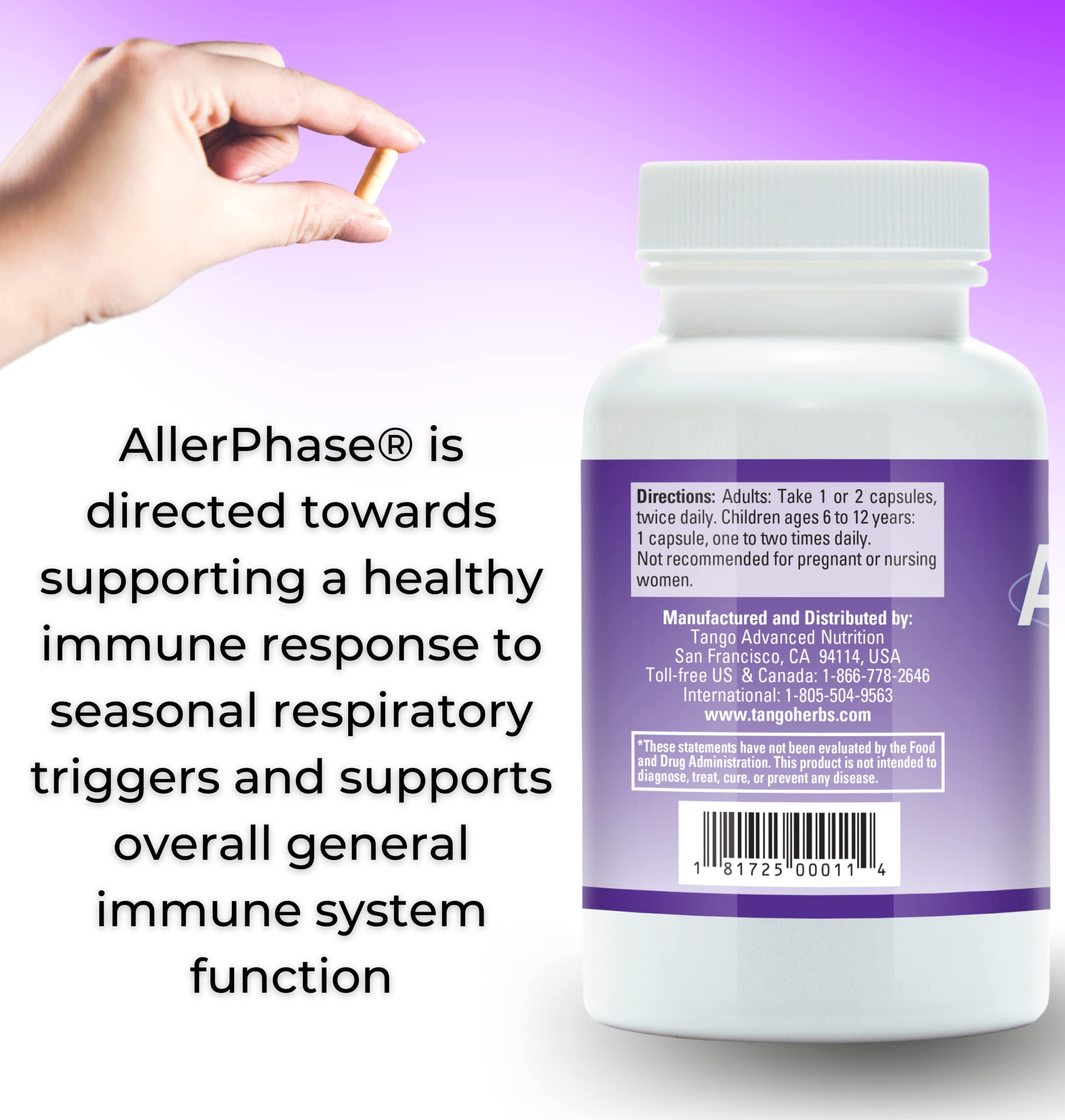 Tango AllerPhase herbal supplement 300mg capsules in a hand
