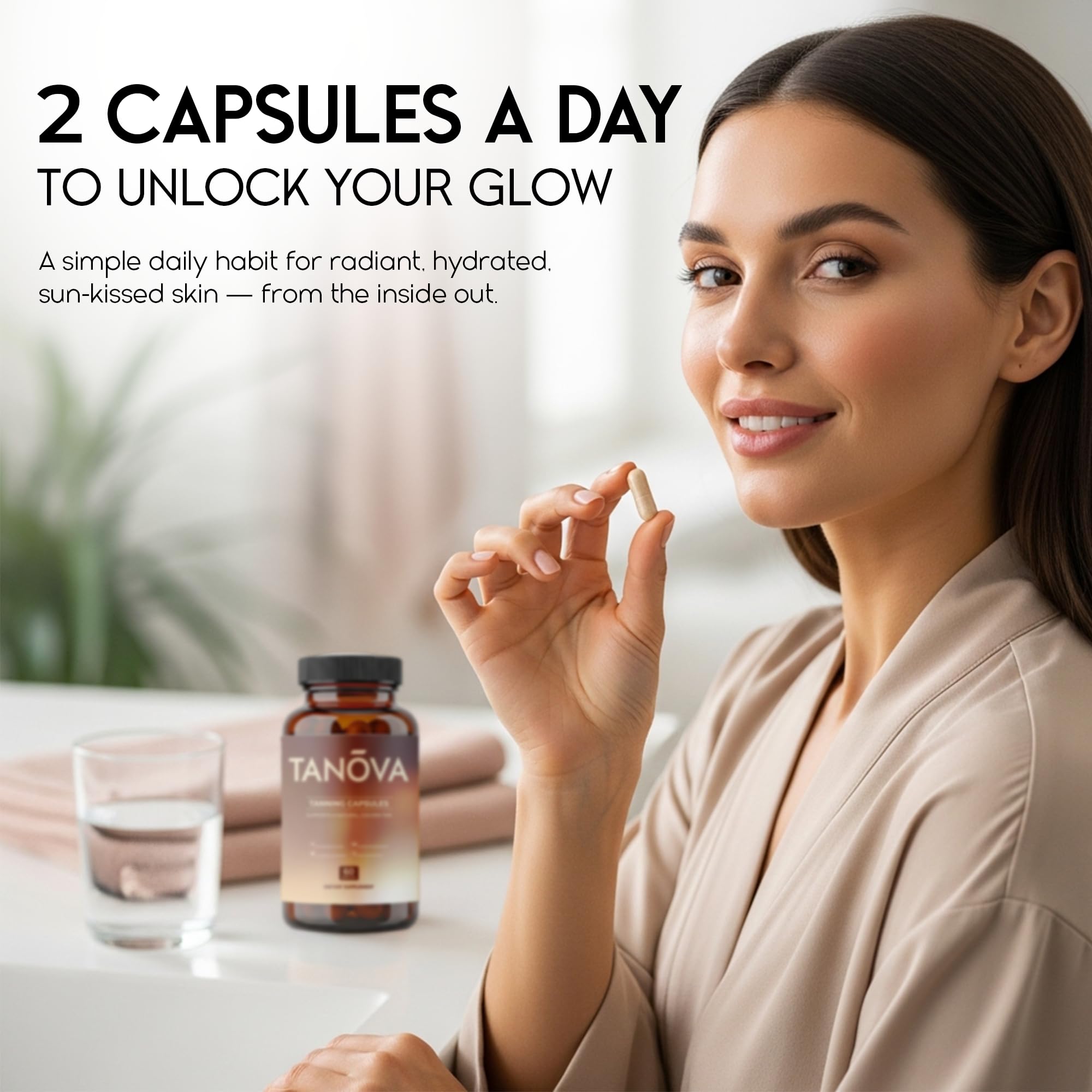 Tanova Tanning Capsules with a measuring spoon for dosage